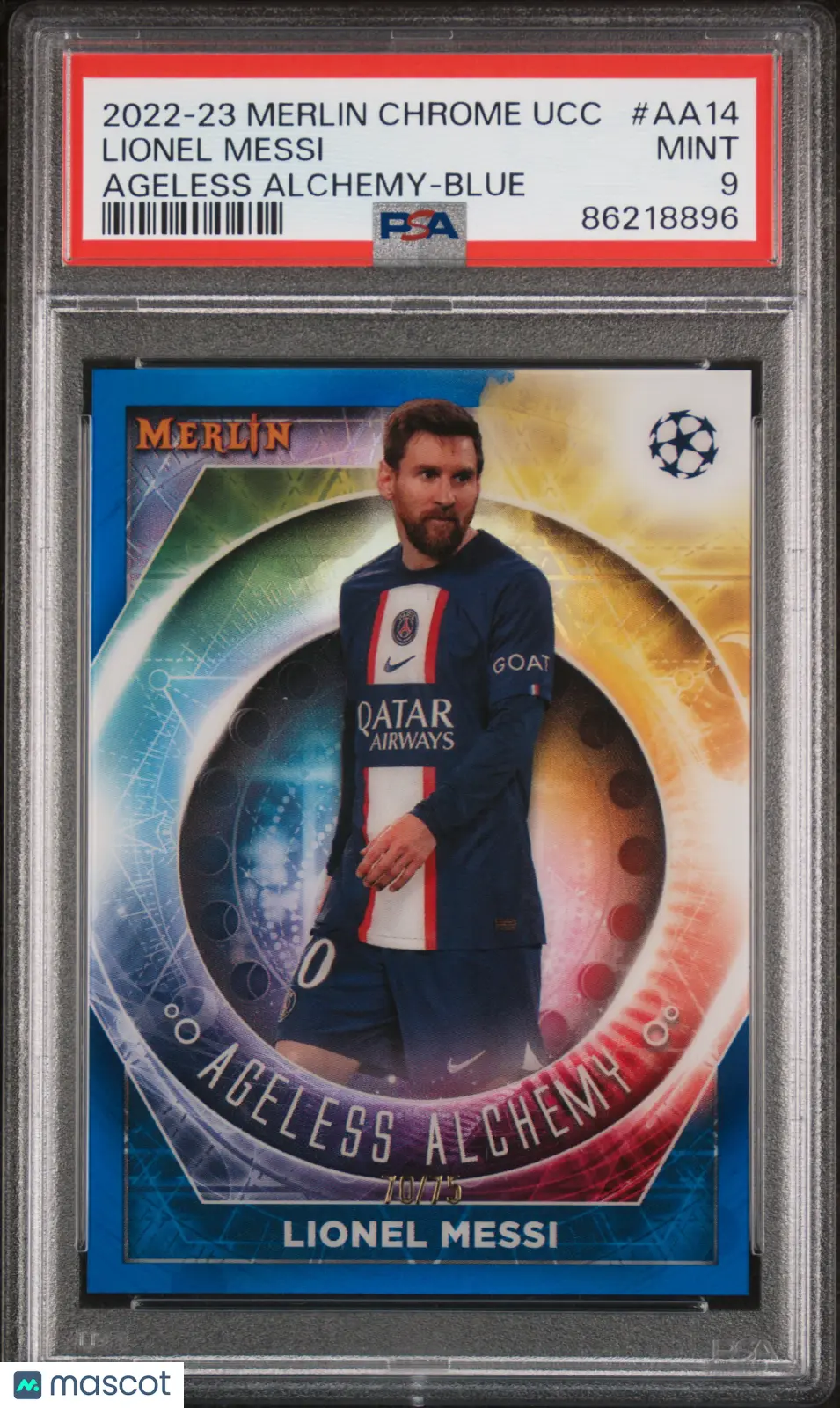 2022 Topps Merlin Chrome Ageless Alchemy Lionel Messi Blue Refractor /75 PSA 9 