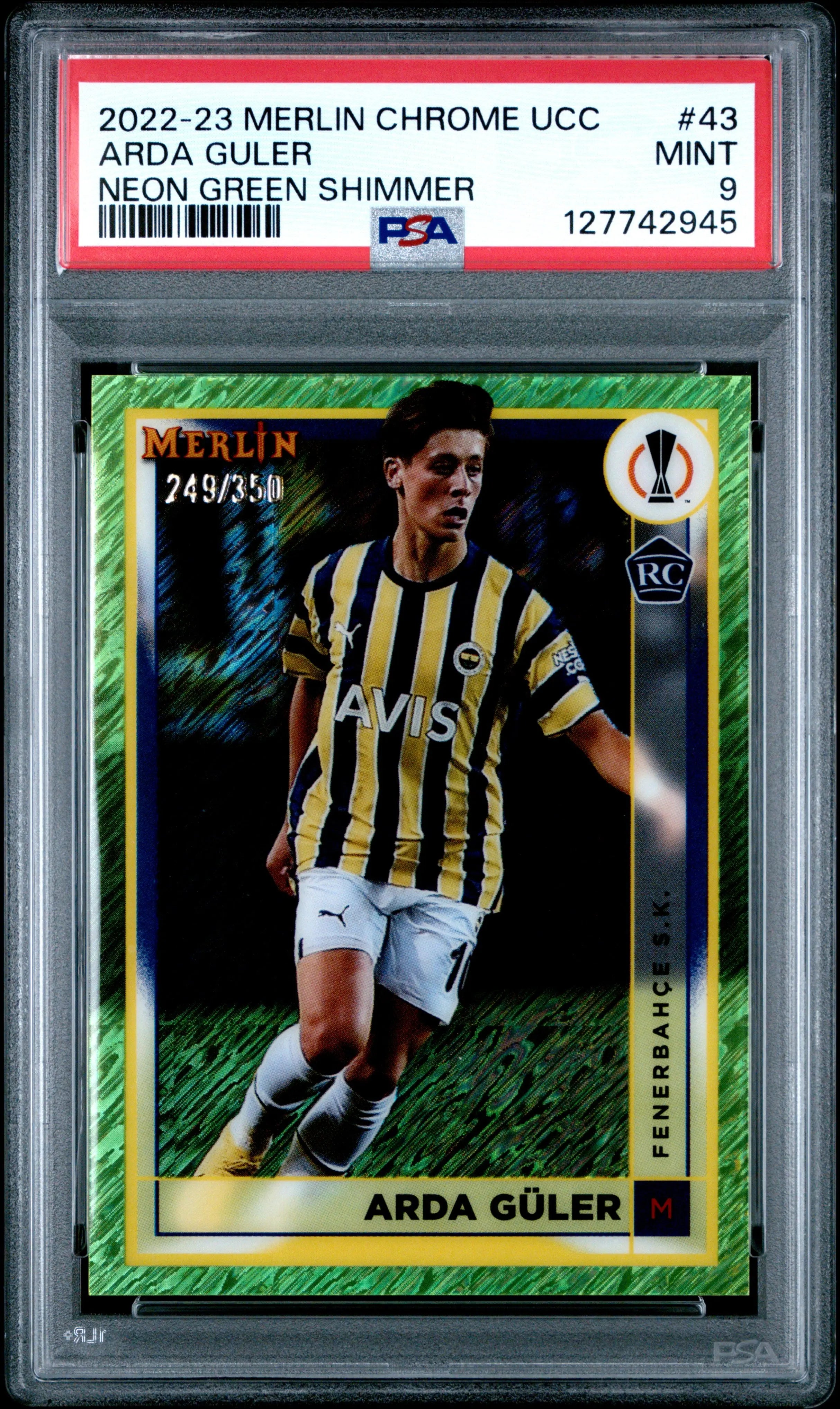 2022 Topps Merlin Chrome UCC Rookie Arda Guler Neon Green Shimmer /350 RC PSA 9 