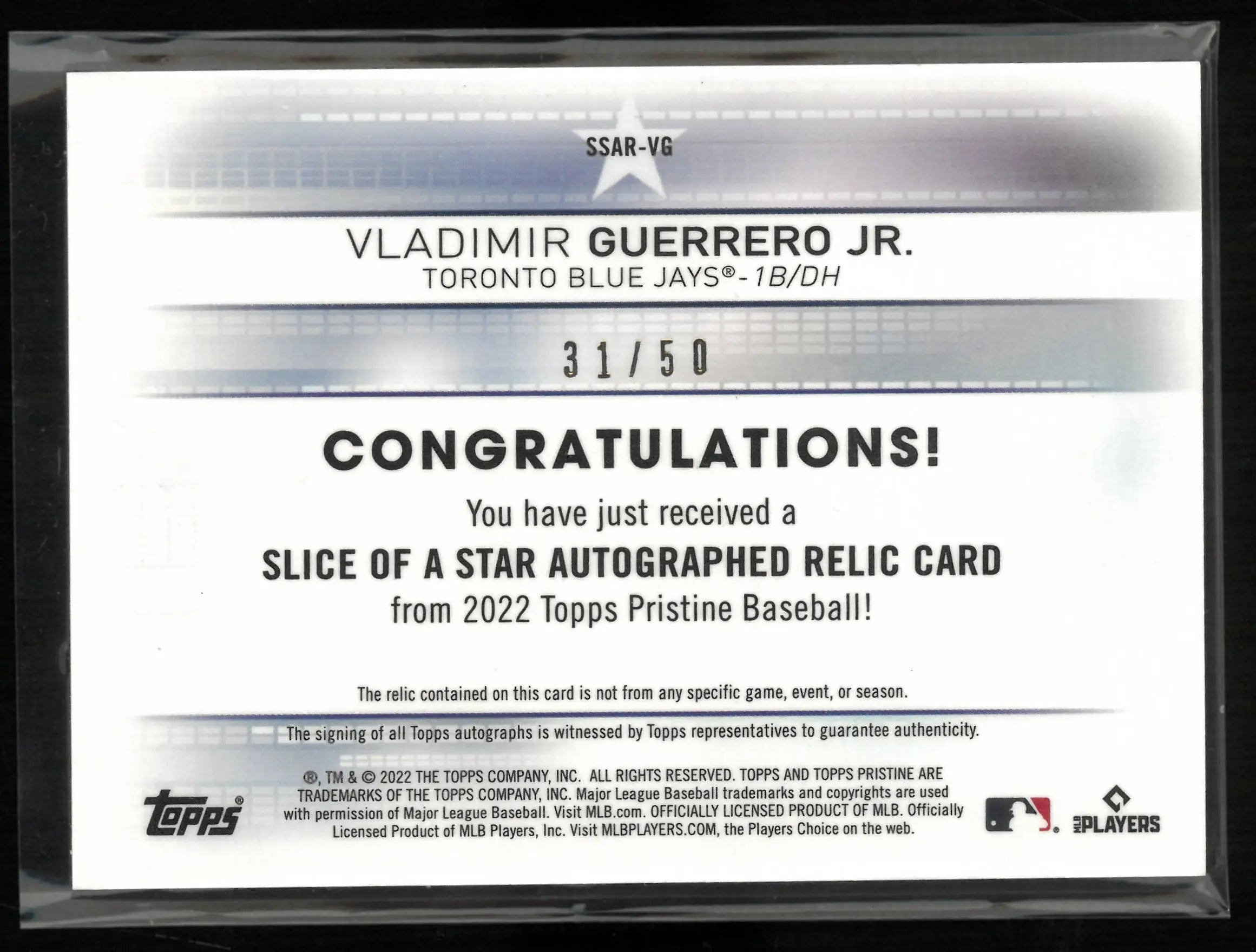 2022 Topps Pristine Slice of A Star Autograph Patch Vladimir Guerrero Jr /50 Auto 