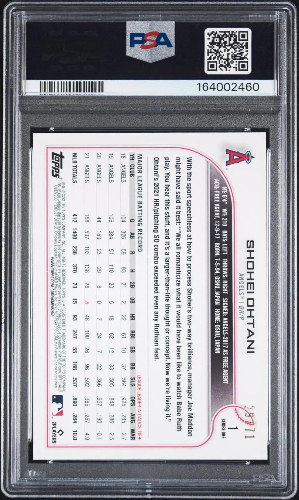 2022 Topps Series One Shohei Ohtani Black SSP /71 PSA 9 