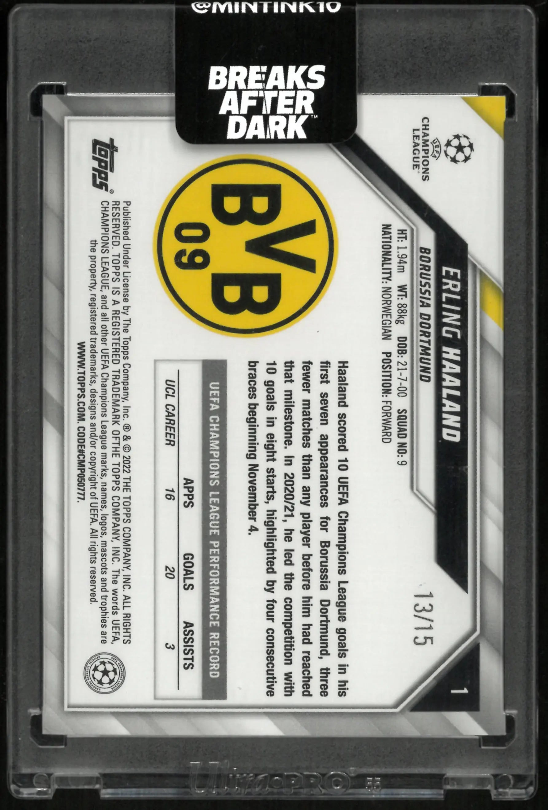 2022 Topps UEFA Champions League Erling Haaland /15 Purple 