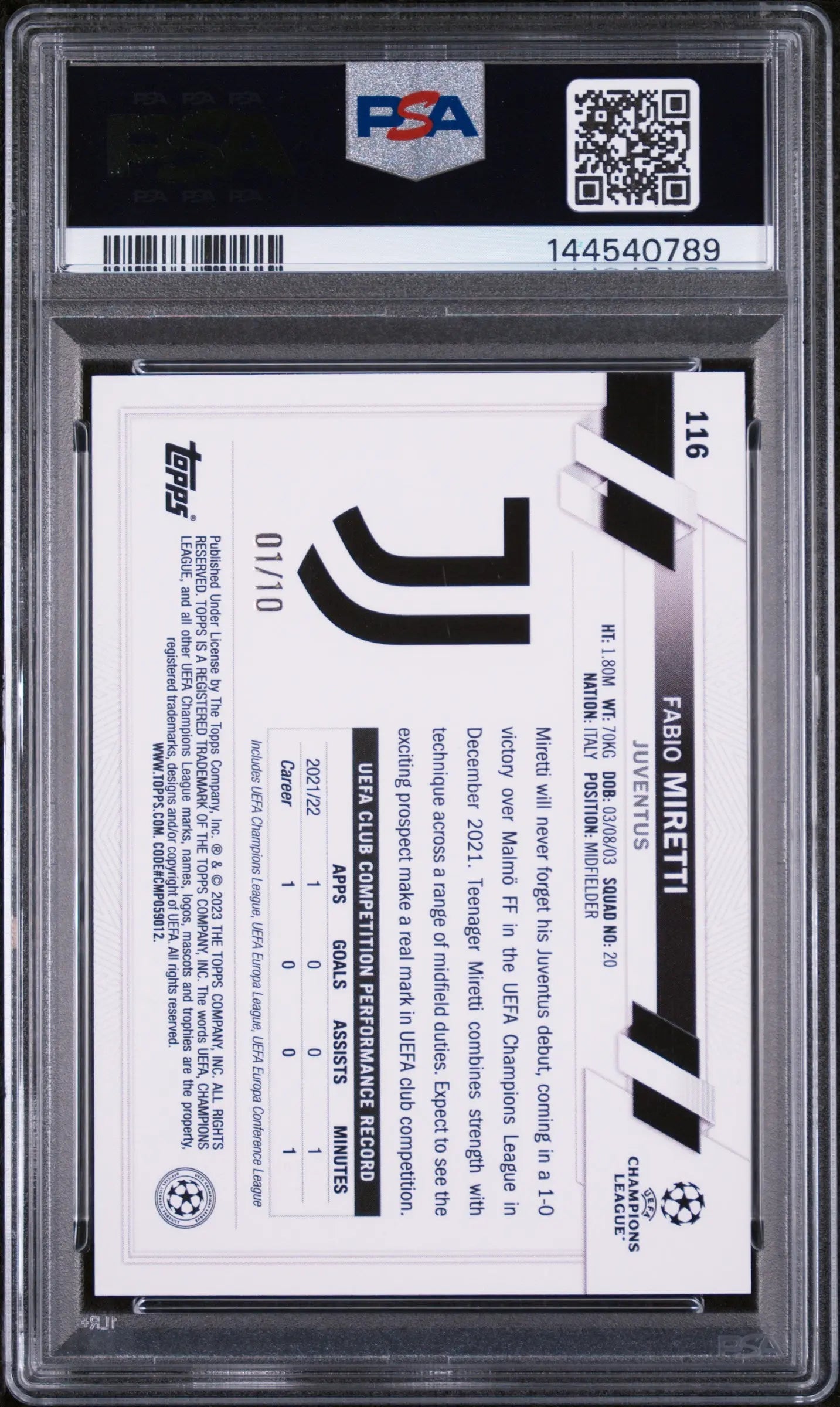 2022 Topps UEFA Club Competitions 1st Edition Black Fabio Miretti 1/10 /10 PSA 9 