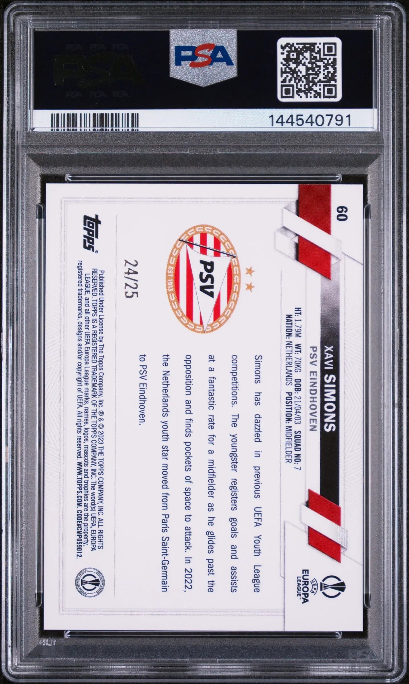 2022 Topps UEFA Club Competitions 1st Edition Orange Xavi Simons /25 PSA 10 