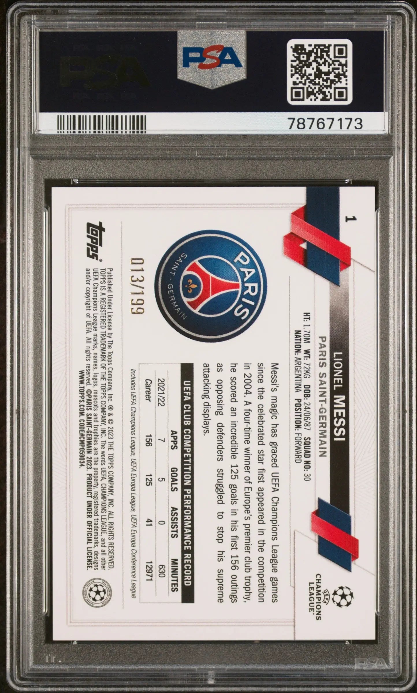 2022 Topps UEFA Club Competitions Lionel Messi Neon Green Foil /199 PSA 9 
