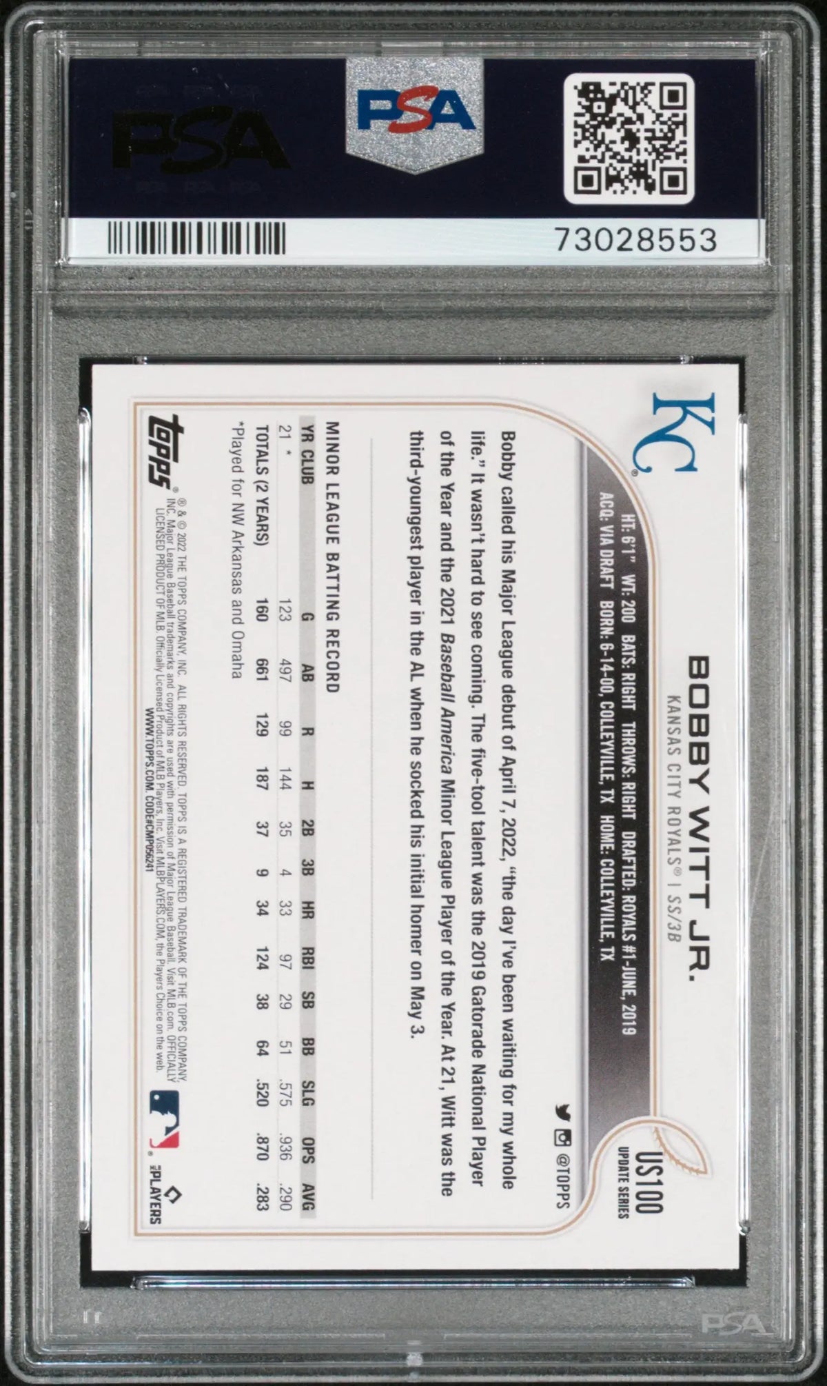 2022 Topps Update Rookie Bobby Witt Jr. RC PSA 10 