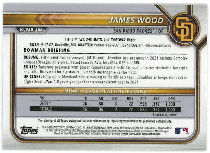 2022 Topsp Bowman Chrome Autograpgh James Wood Auto Mojo 