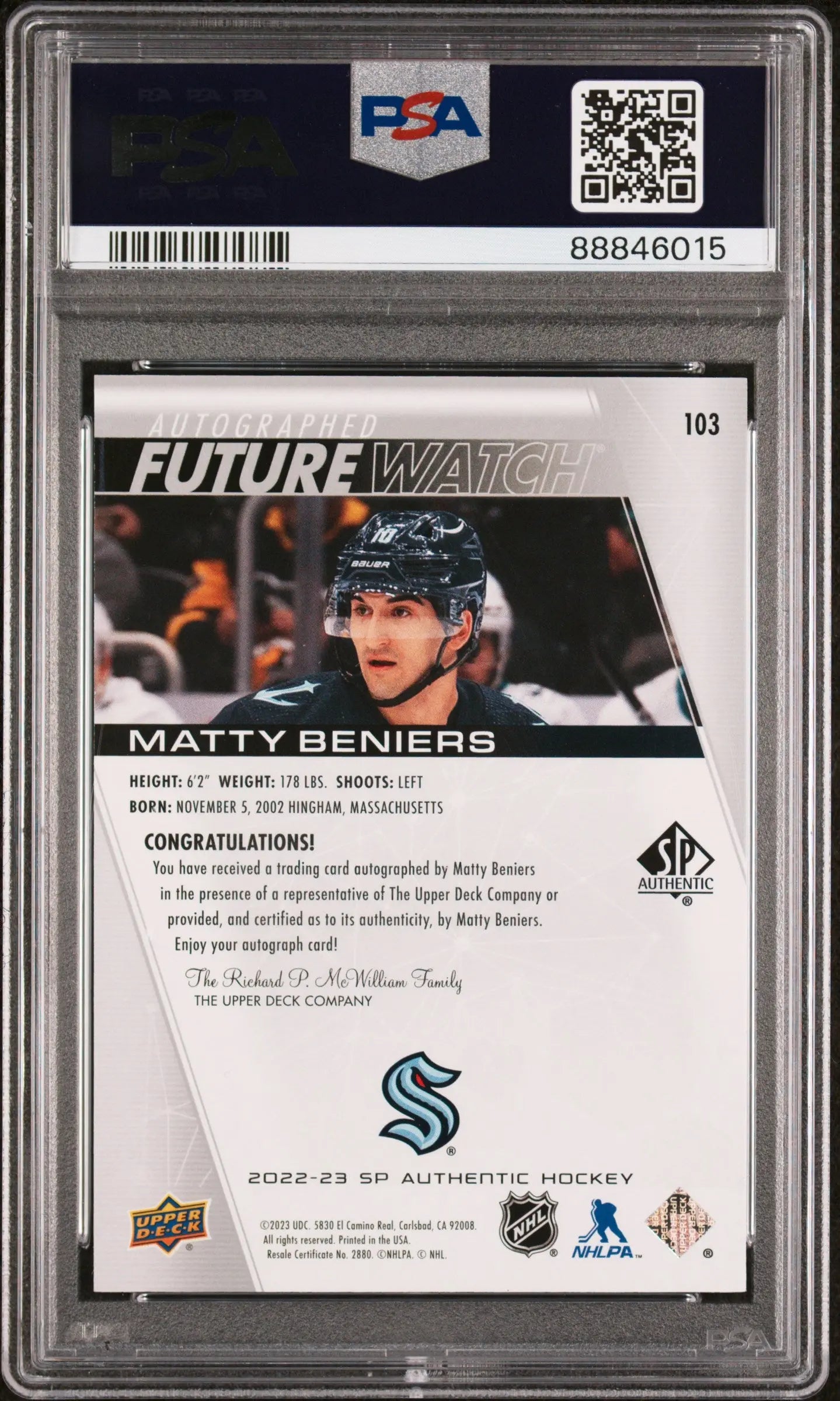 2022 UD SP Authentic Matty Beniers Future Watch RC Autograph Auto PSA 10 /999 