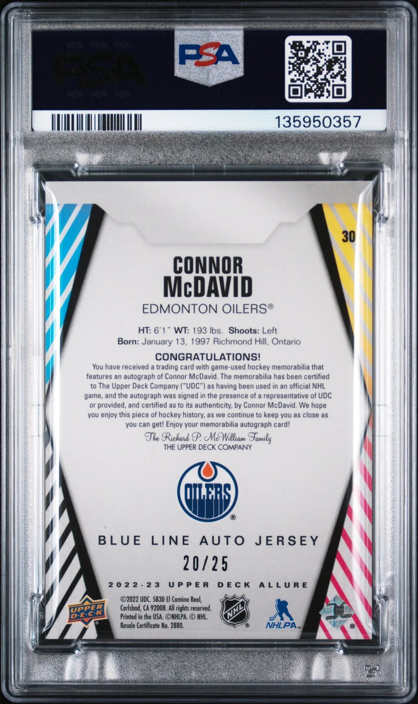 2022 Upper Deck Allure Connor McDavid Patch Auto Autograph Blue Line PSA 8 /25 