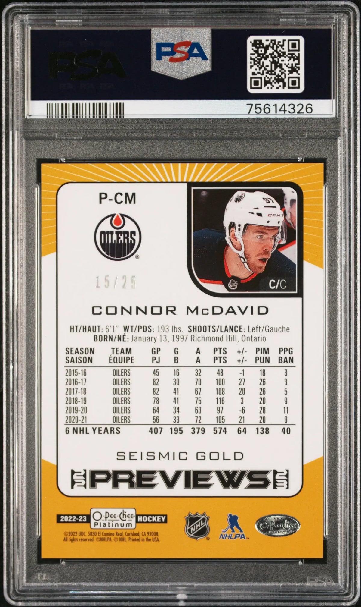 2022 Upper Deck O-Pee-Chee Platinum Previews Connor McDavid Seismic Gold PSA 9 
