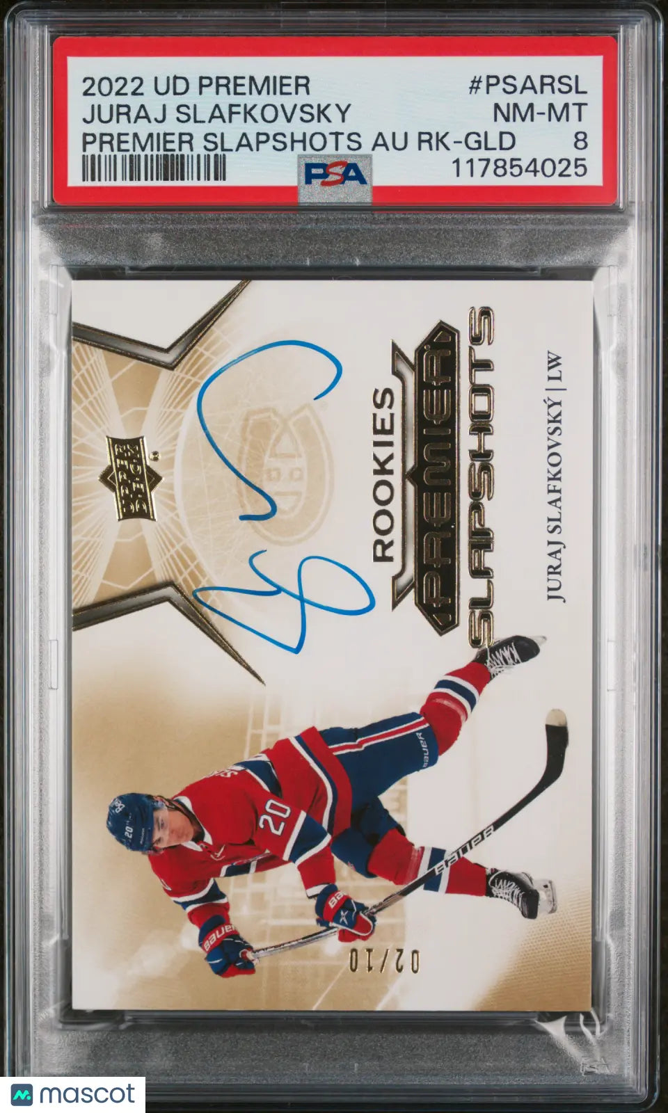 2022 Upper Deck Premier Slapshots Rookie Auto Juraj Slafkovsky Gold PSA 8 /10 
