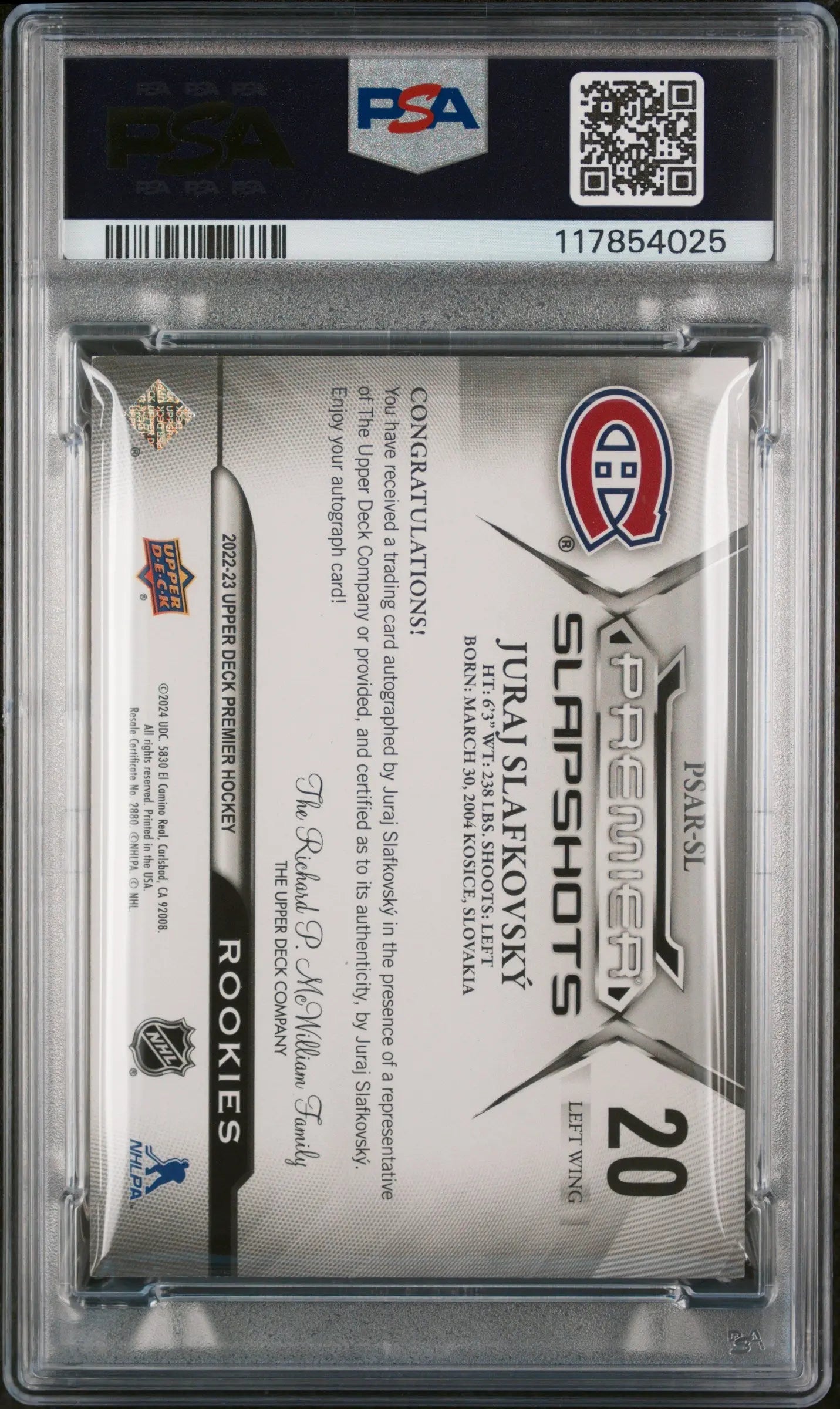 2022 Upper Deck Premier Slapshots Rookie Auto Juraj Slafkovsky Gold PSA 8 /10 