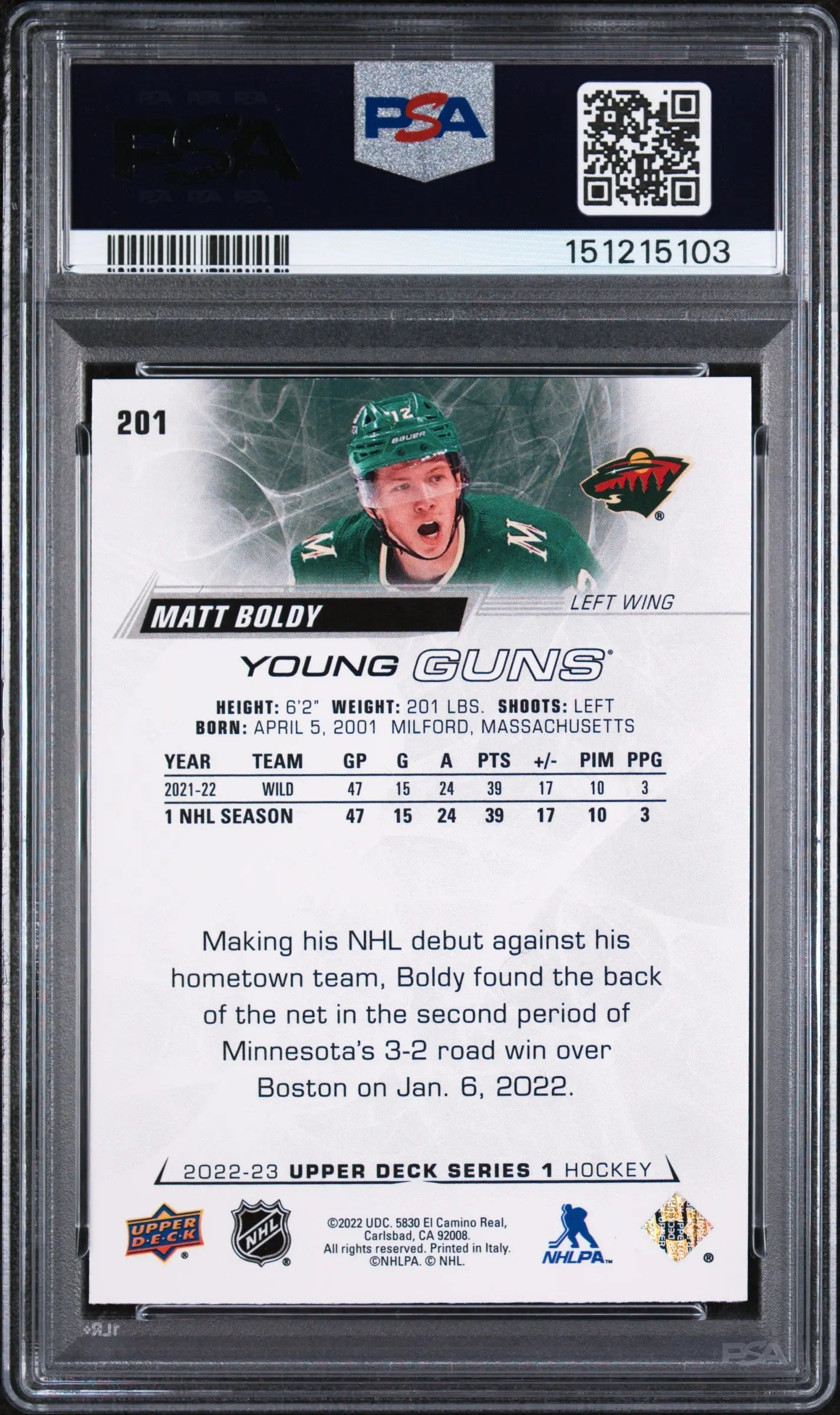 2022 Upper Deck Series 1 Young Guns Rookie Matt Boldy RC PSA 9 