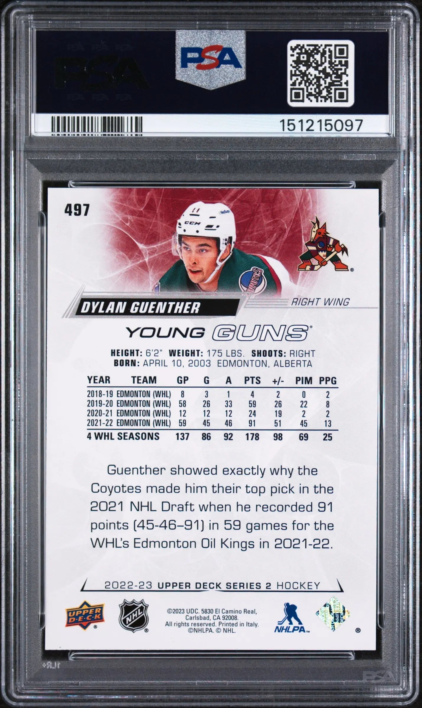2022 Upper Deck  Series 2 Young Guns Rookie Dylan Guenther RC PSA 9 