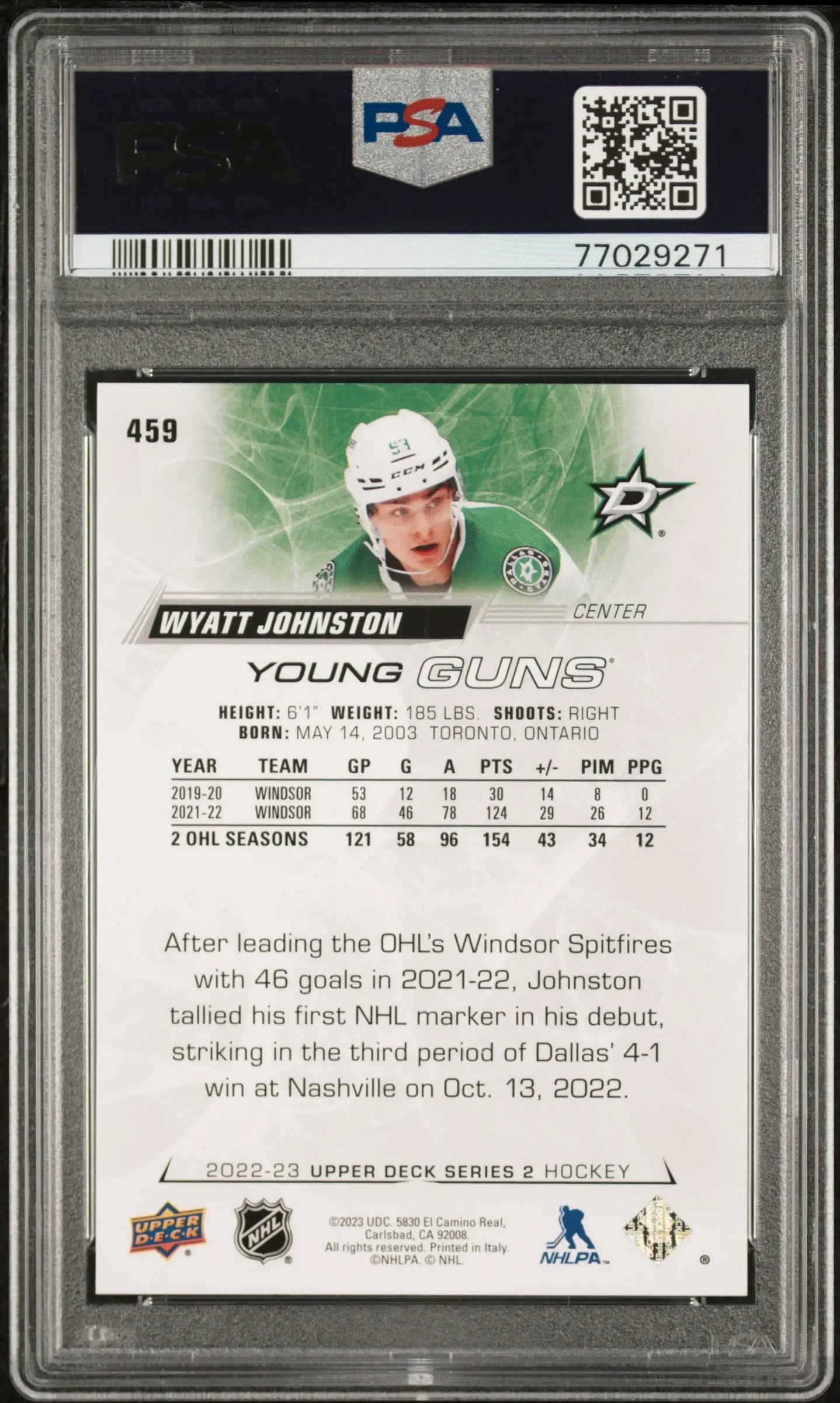 2022 Upper Deck Series 2 Young Guns Wyatt Johnston #459 PSA 10 