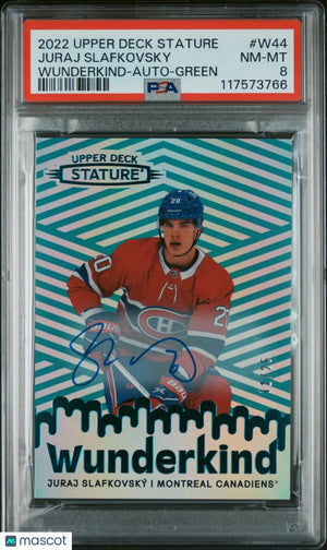 2022 Upper Deck Stature Wunderkind Juraj Slafkovsky Rookie Auto Green PSA 8 /25 