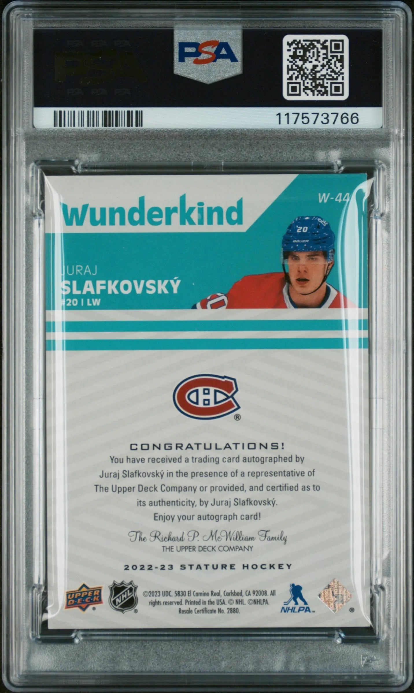 2022 Upper Deck Stature Wunderkind Juraj Slafkovsky Rookie Auto Green PSA 8 /25 