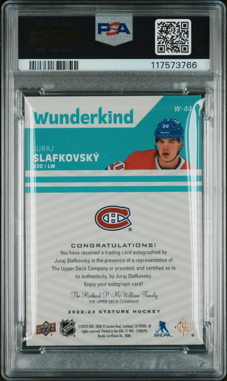 2022 Upper Deck Stature Wunderkind Juraj Slafkovsky Rookie Auto Green PSA 8 /25 