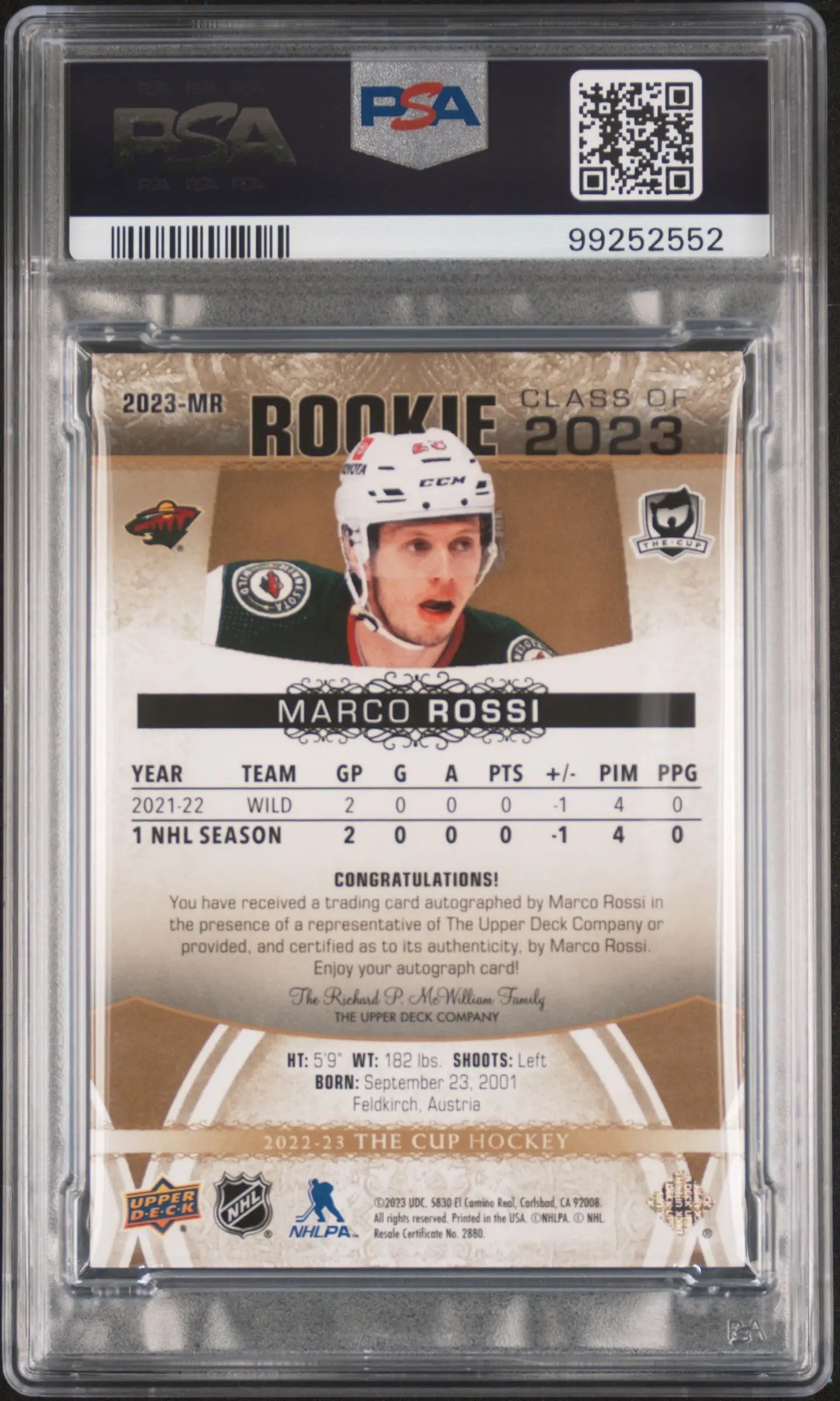 2022 Upper Deck The Cup Rookie Class Of 2023 Marco Rossi Gold Foil 39/50 PSA 8 