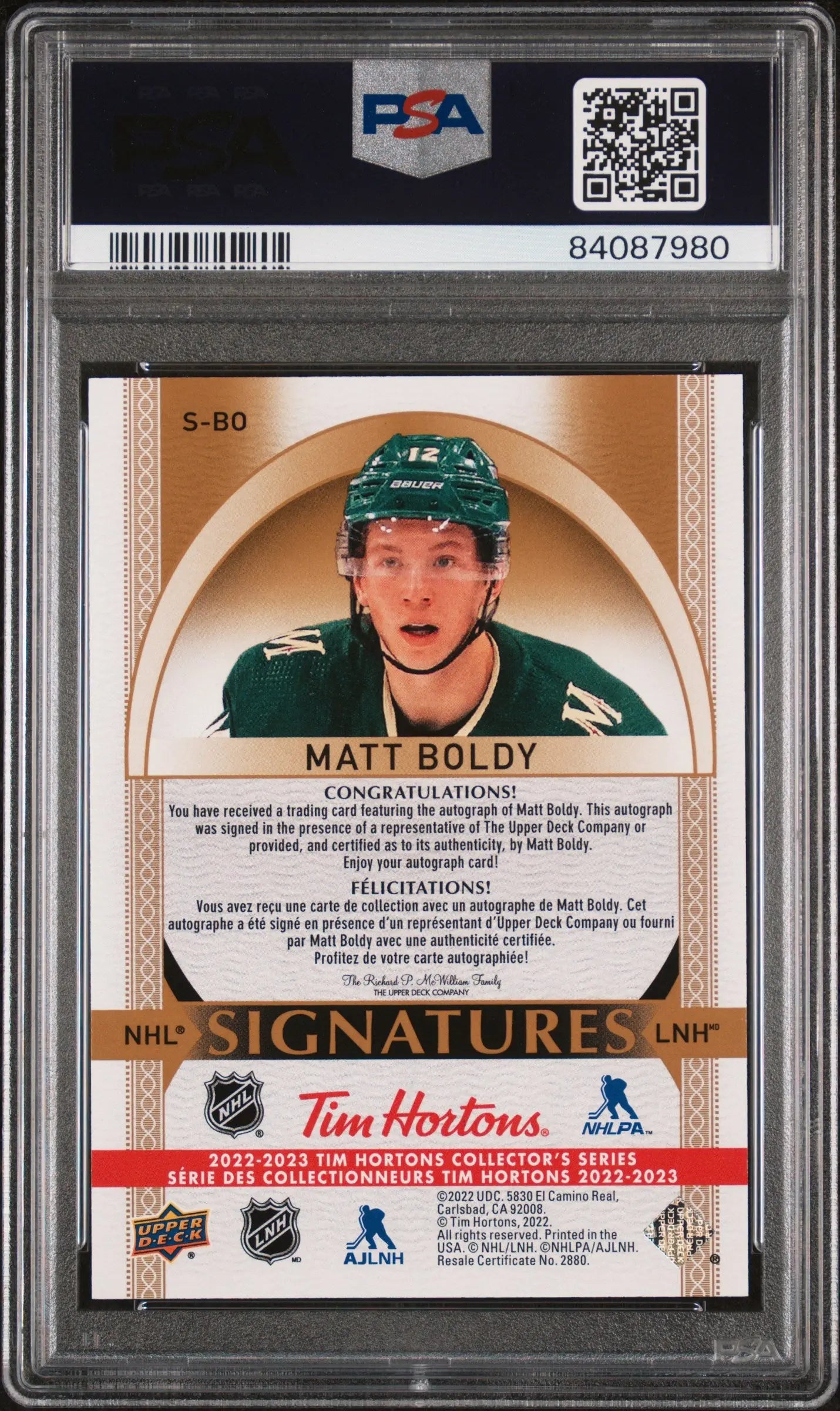 2022 Upper Deck Tim Hortons Autograph Matt Boldy Auto PSA 10 