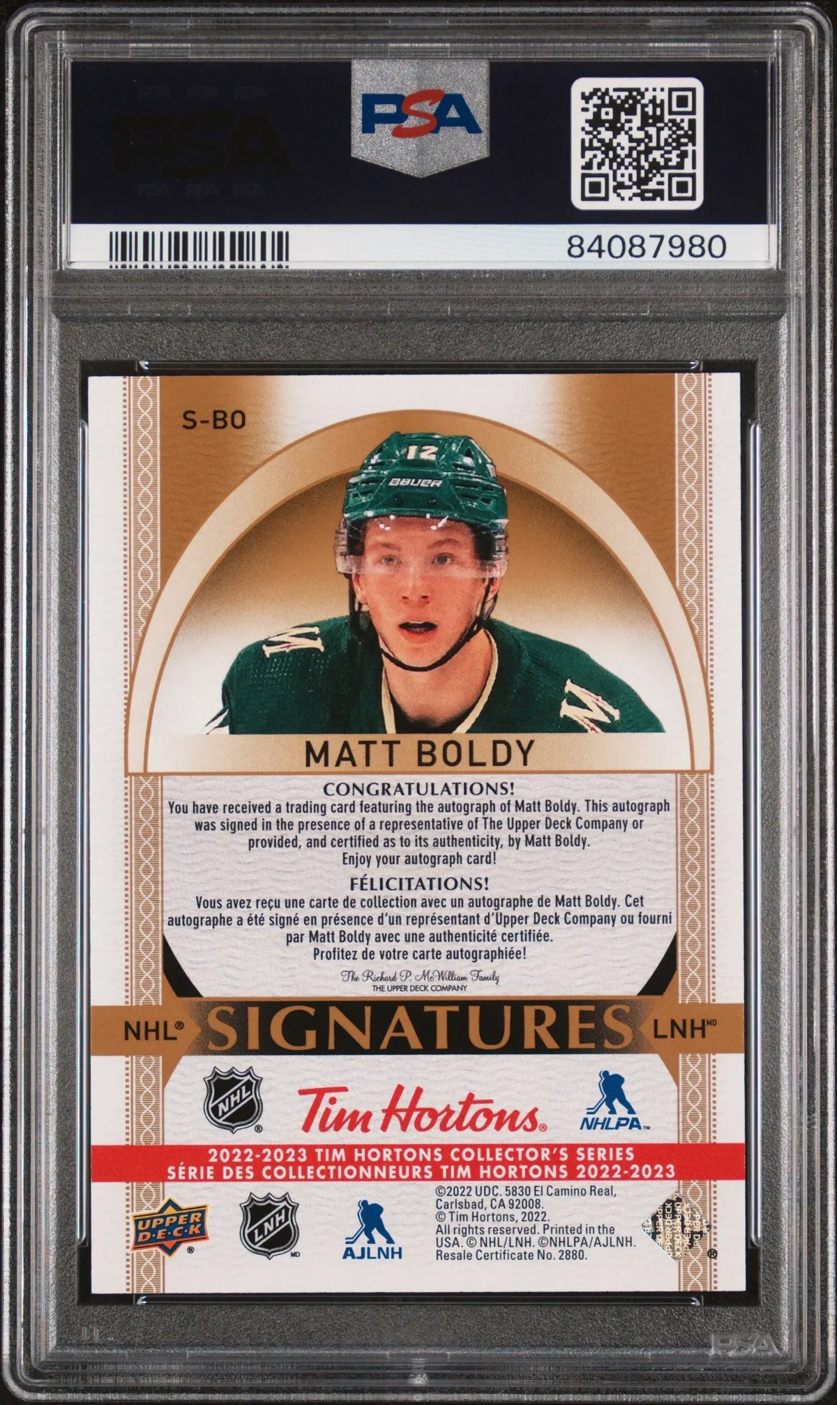 2022 Upper Deck Tim Hortons Autograph Matt Boldy Auto PSA 10 