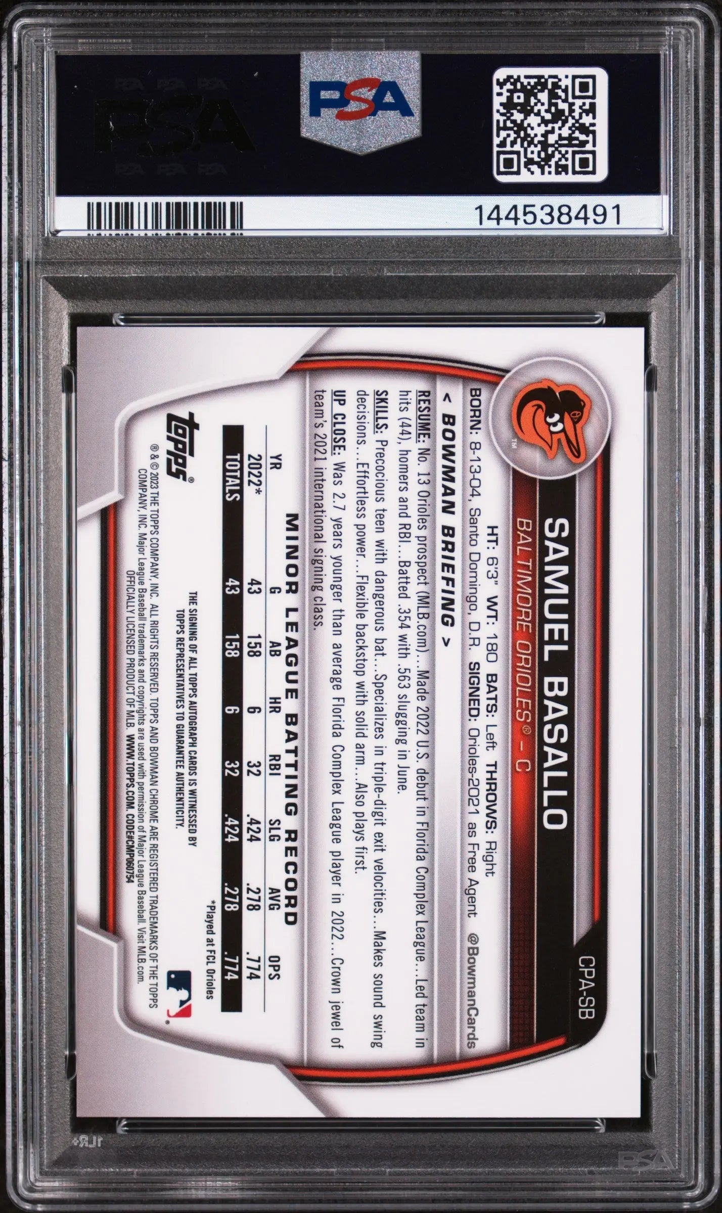 2023 1st Bowman Chrome Prospect Autograph Auto Samuel Basallo RC Rookie PSA 9 