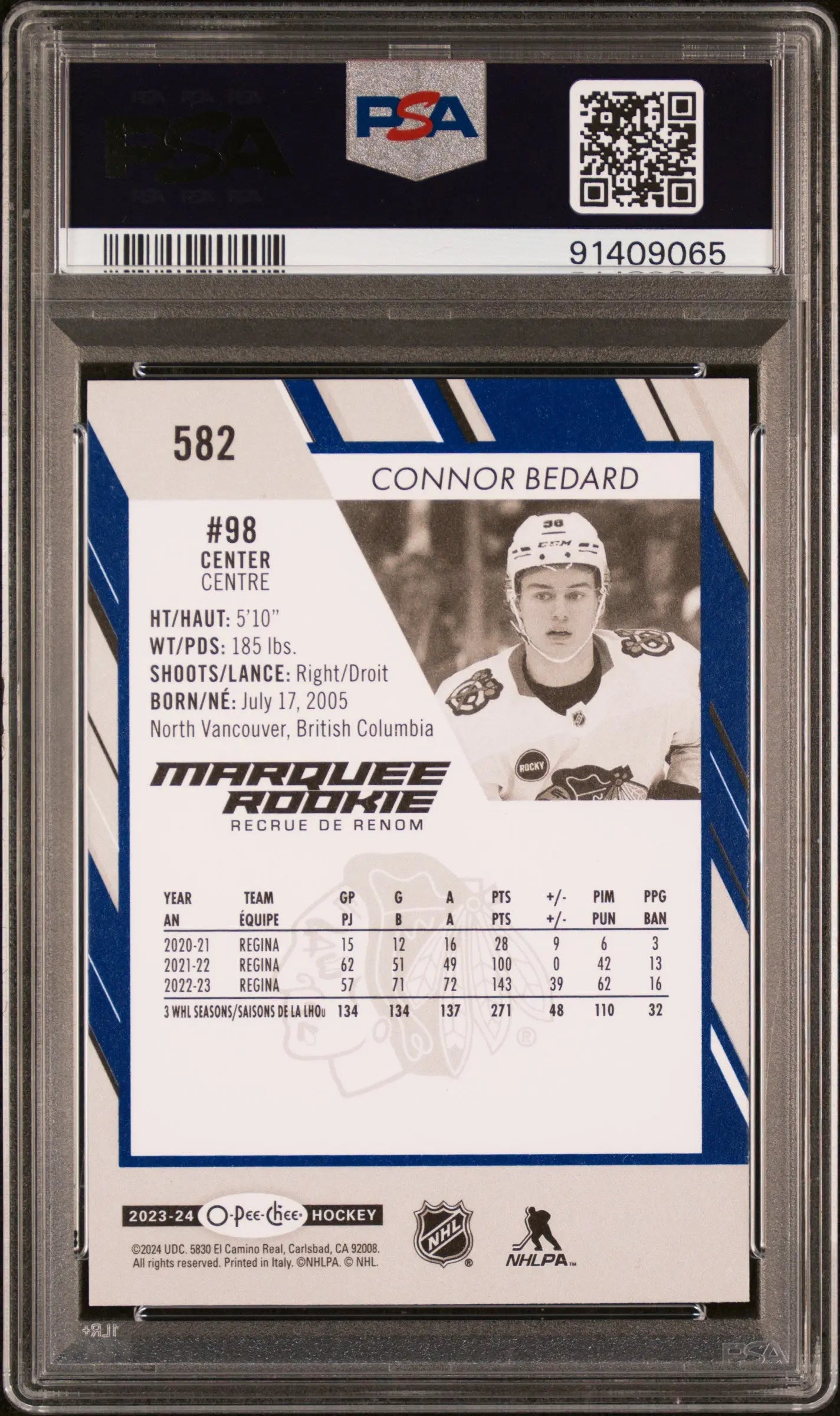 2023-24 O-Pee-Chee Connor Bedard Marquee Rookie RC Blue Border PSA 10 
