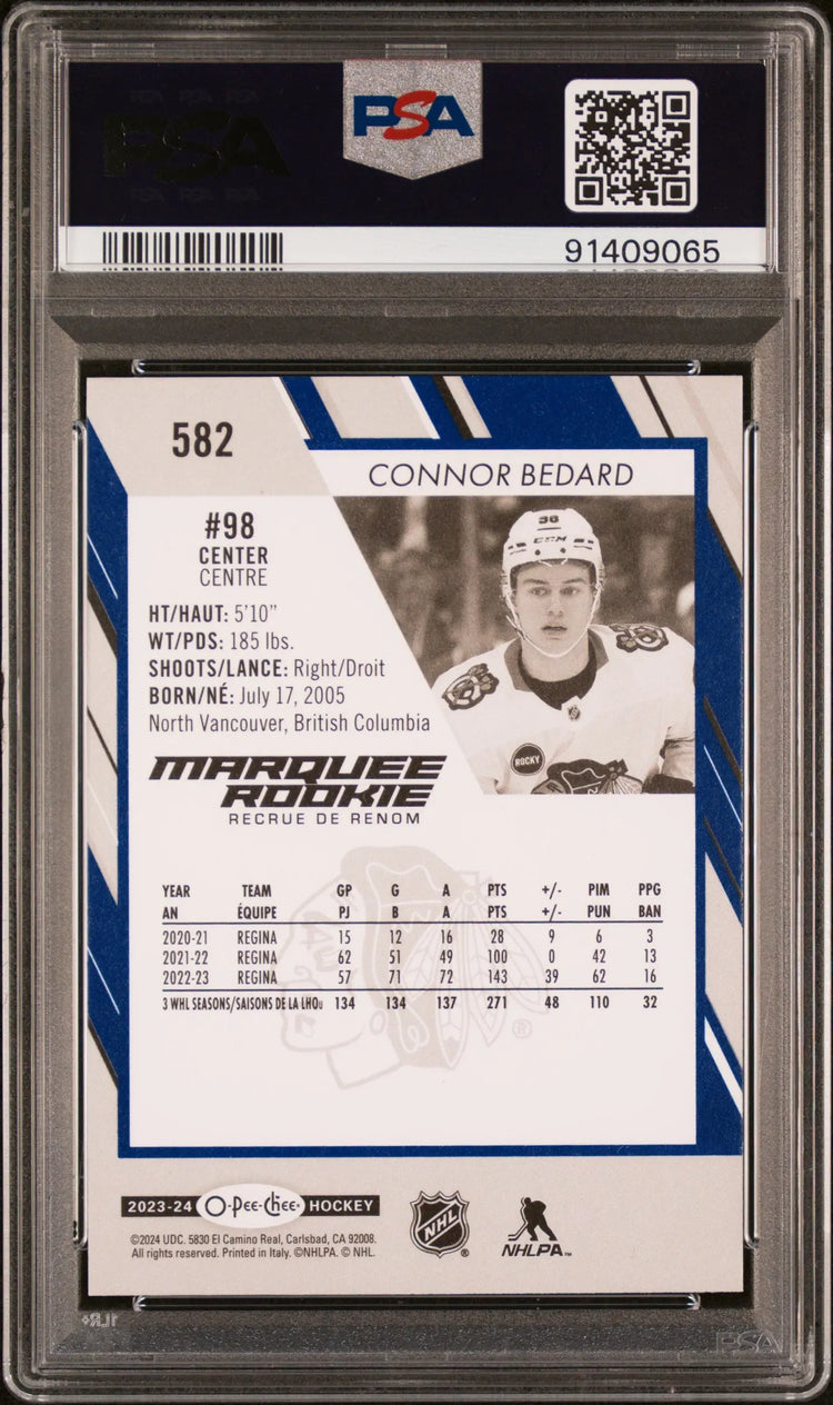 2023-24 O-Pee-Chee Connor Bedard Marquee Rookie RC Blue Border PSA 10 