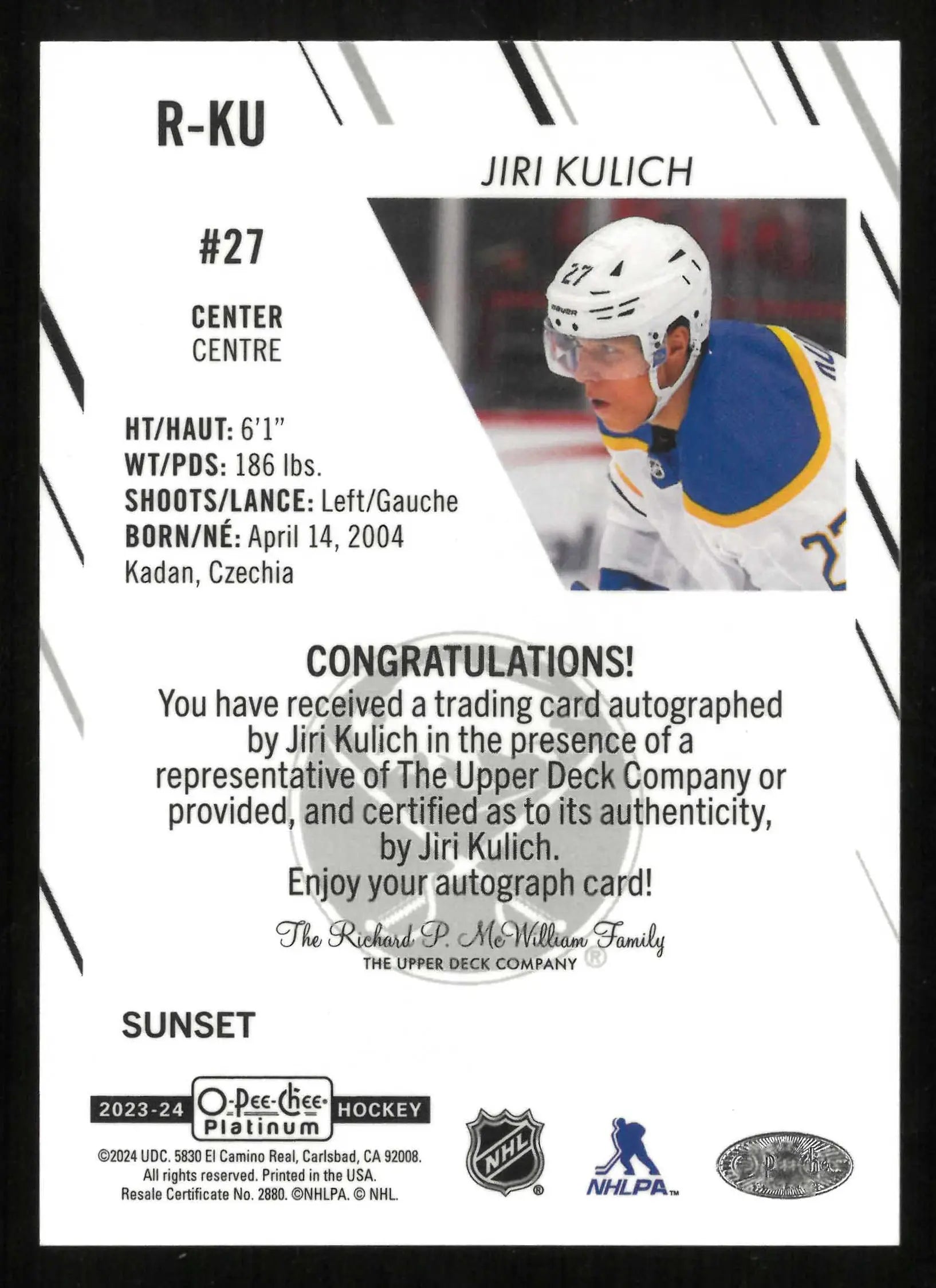 2023-24 O-Pee-Chee OPC Platinum Rookie Autograph Jiri Kulich Sunset Auto SP 