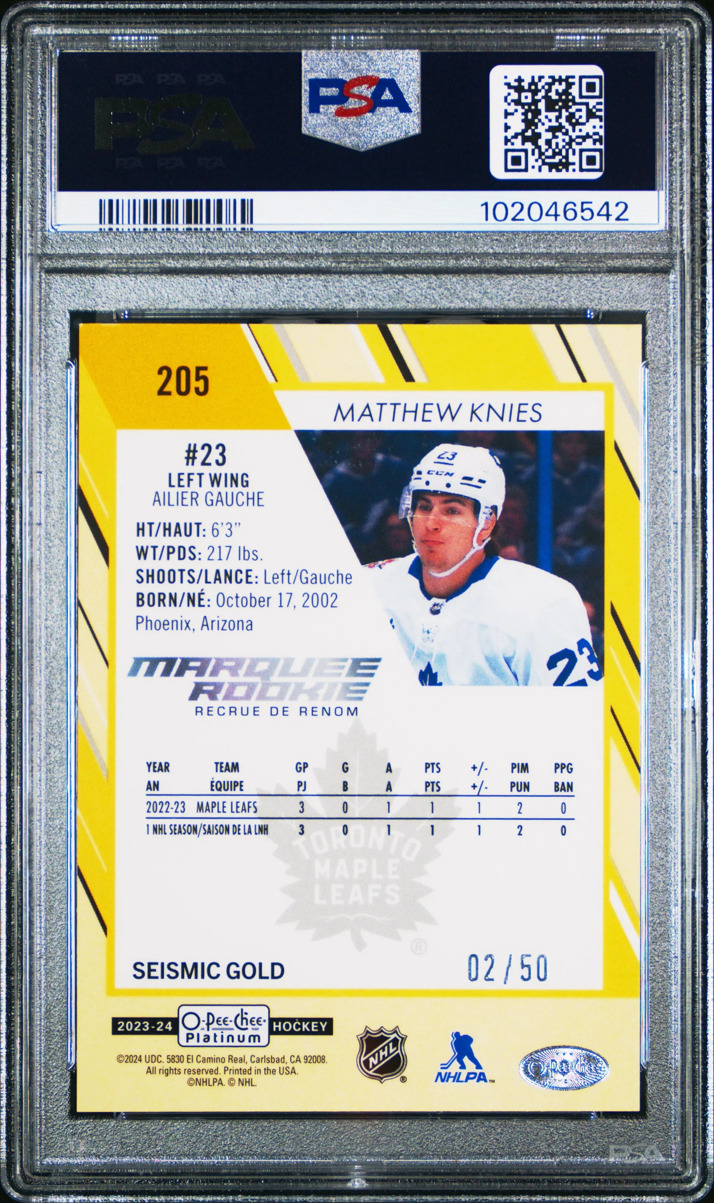 2023-24 O-Pee-Chee Platinum Matthew Knies Marquee RC Seismic Gold PSA 9 /50 