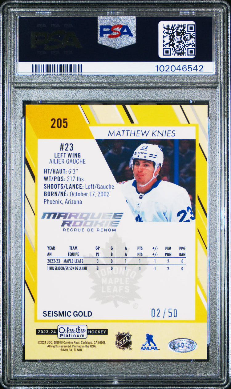 2023-24 O-Pee-Chee Platinum Matthew Knies Marquee RC Seismic Gold PSA 9 /50 