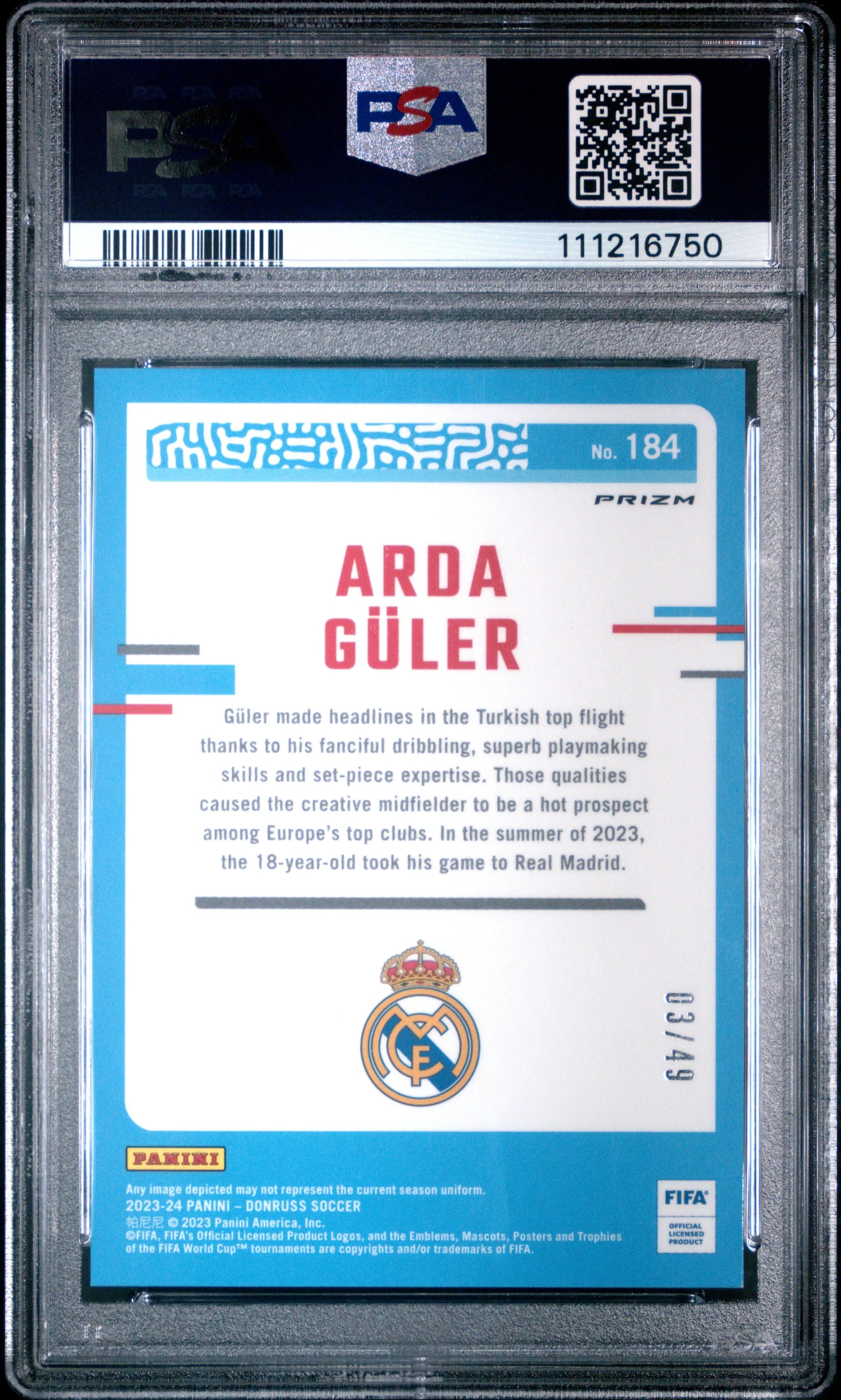 2023-24 Panini Donruss FIFA Arda Guler #184 Optic Teal Mojo PSA 10 