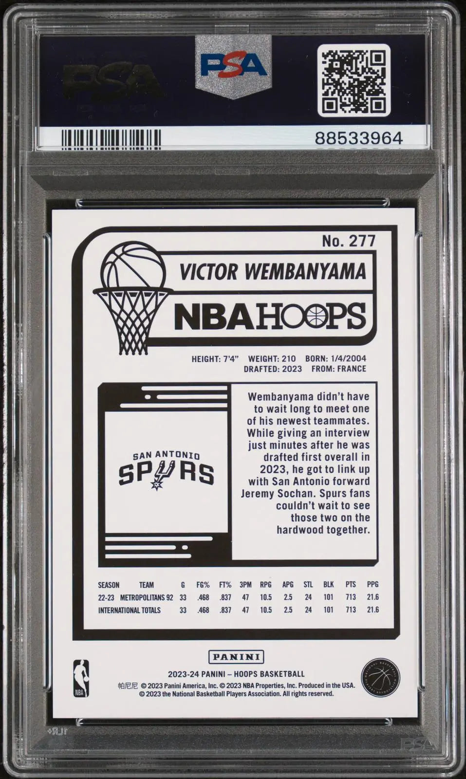 2023-24 Panini NBA Hoops Basketball Rookie Victor Wembanyama RC PSA 10 