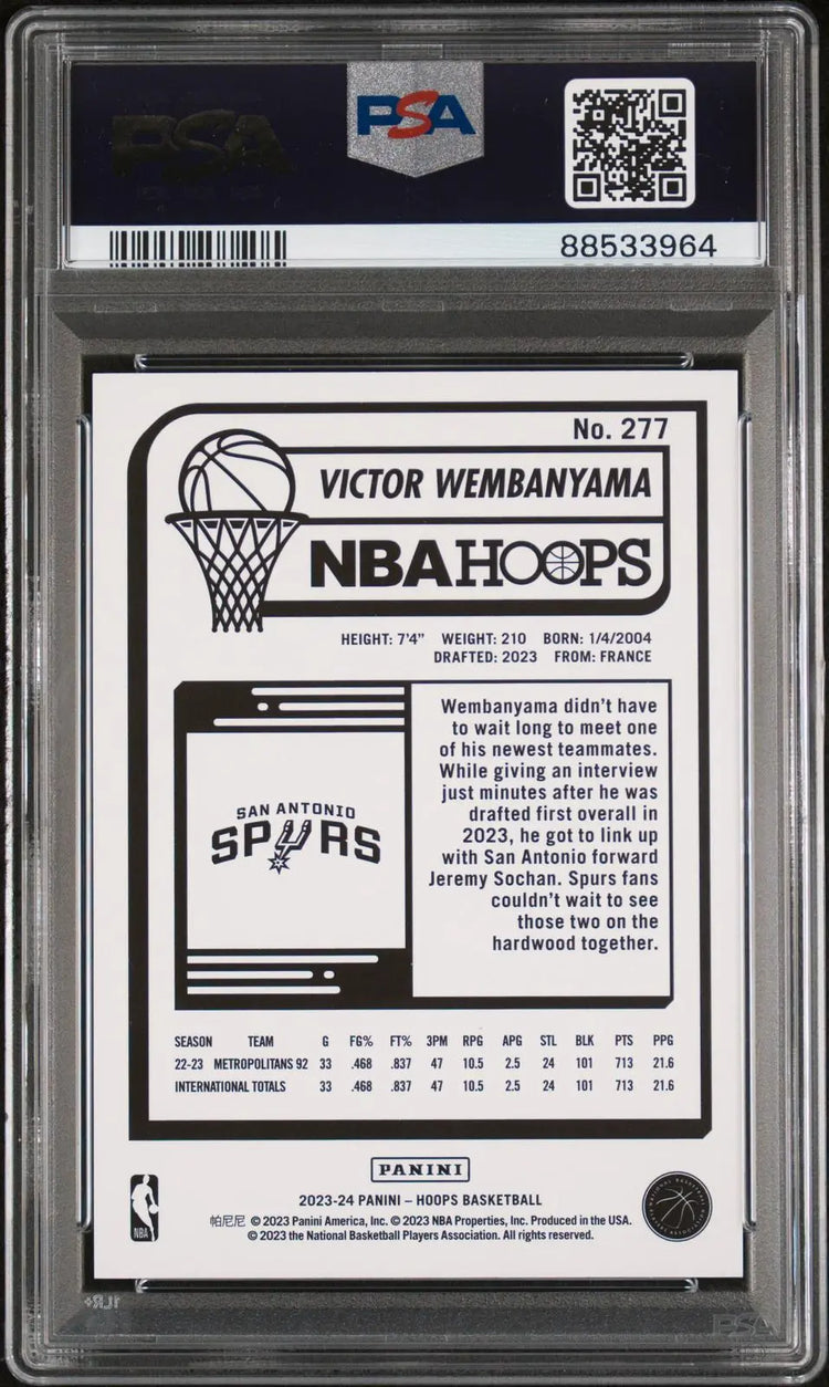 2023-24 Panini NBA Hoops Basketball Rookie Victor Wembanyama RC PSA 10 
