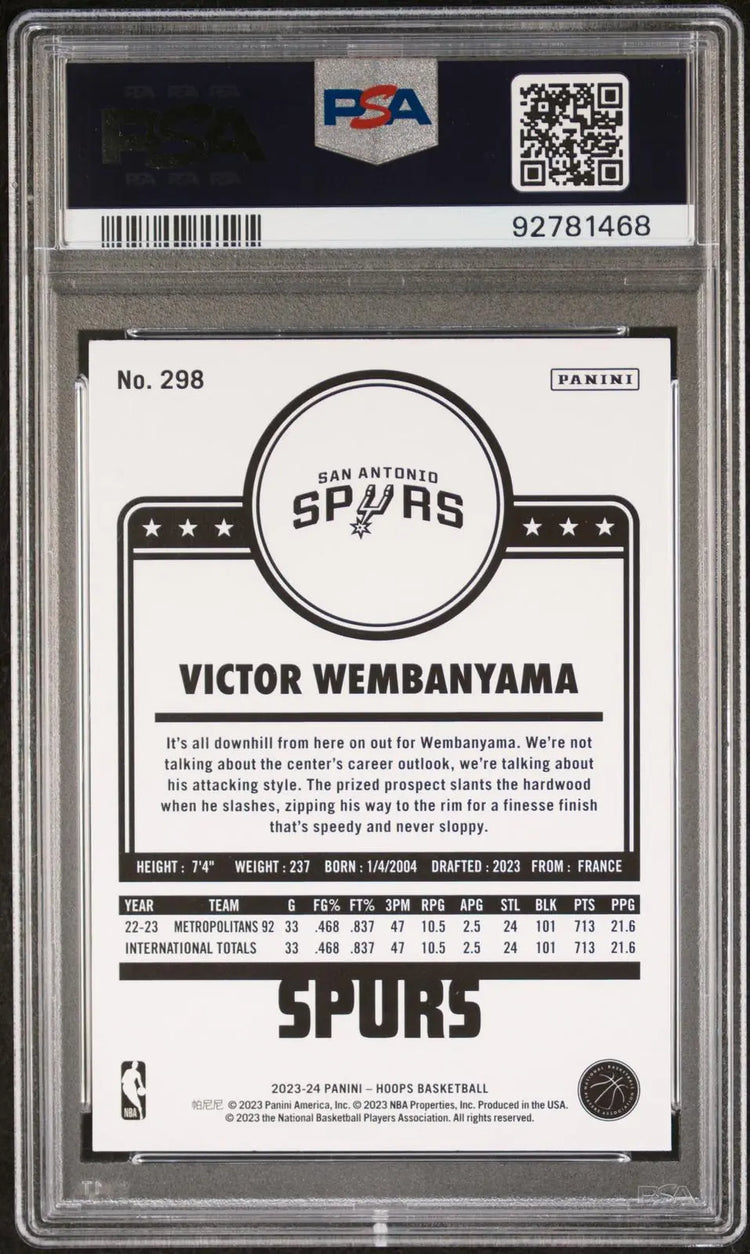 2023-24 Panini NBA Hoops Basketball Rookie Victor Wembanyama RC PSA 9 