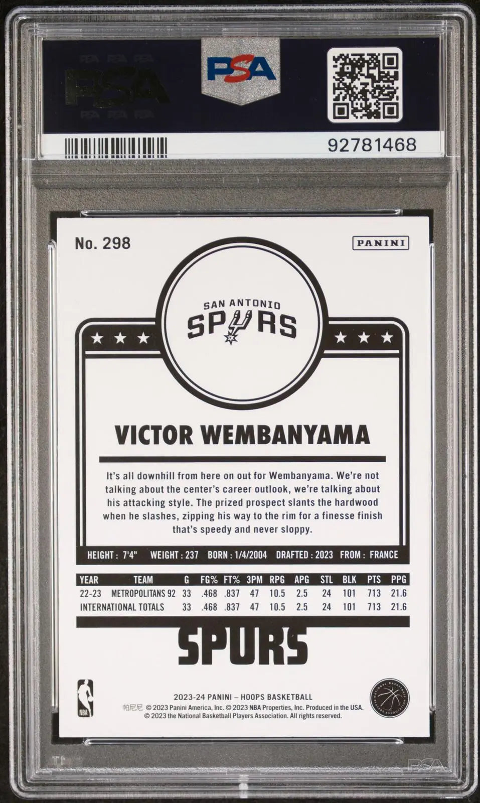 2023-24 Panini NBA Hoops Basketball Rookie Victor Wembanyama RC PSA 9 
