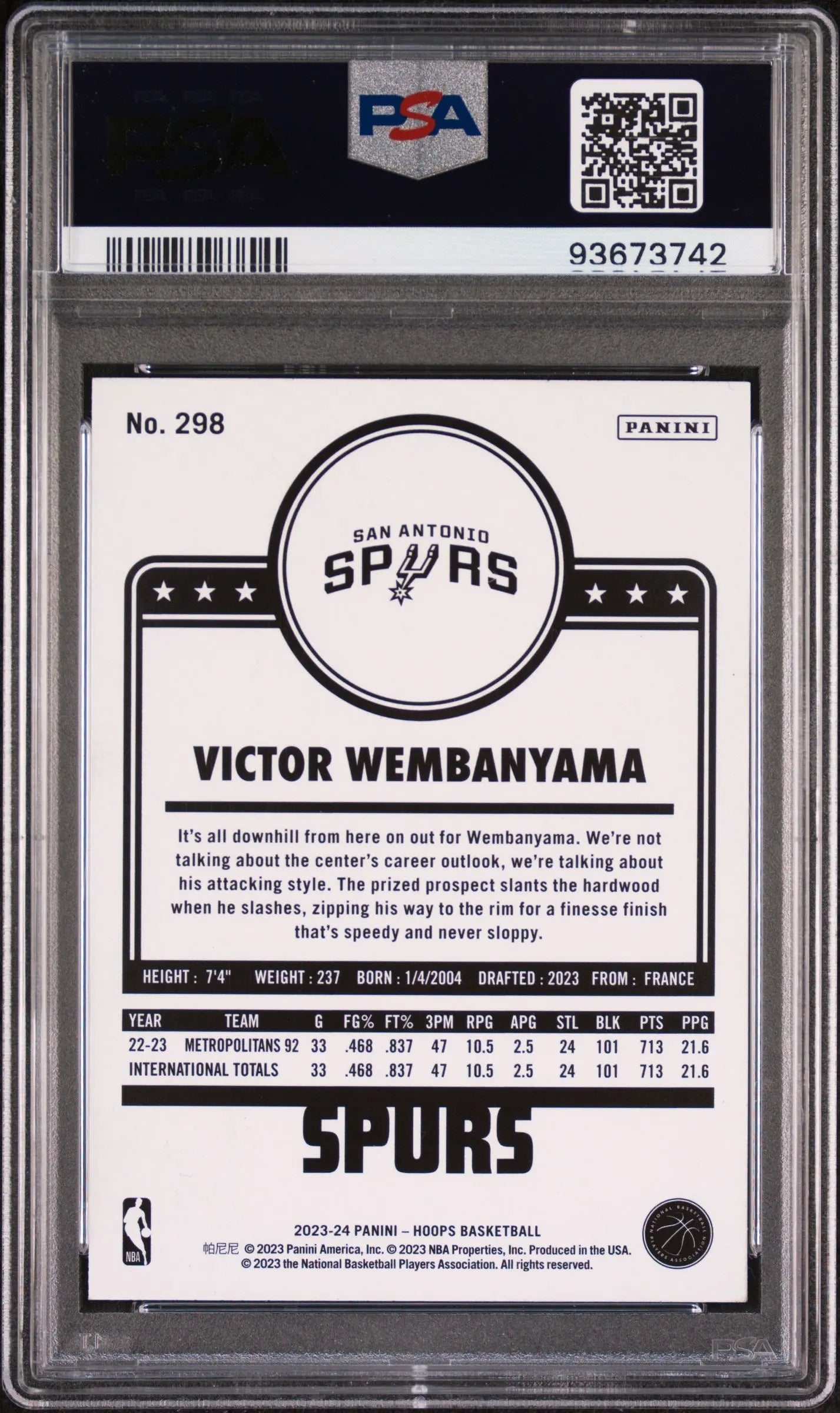 2023-24 Panini NBA Hoops Victor Wembanyama RC Rookie #298 PSA 10 
