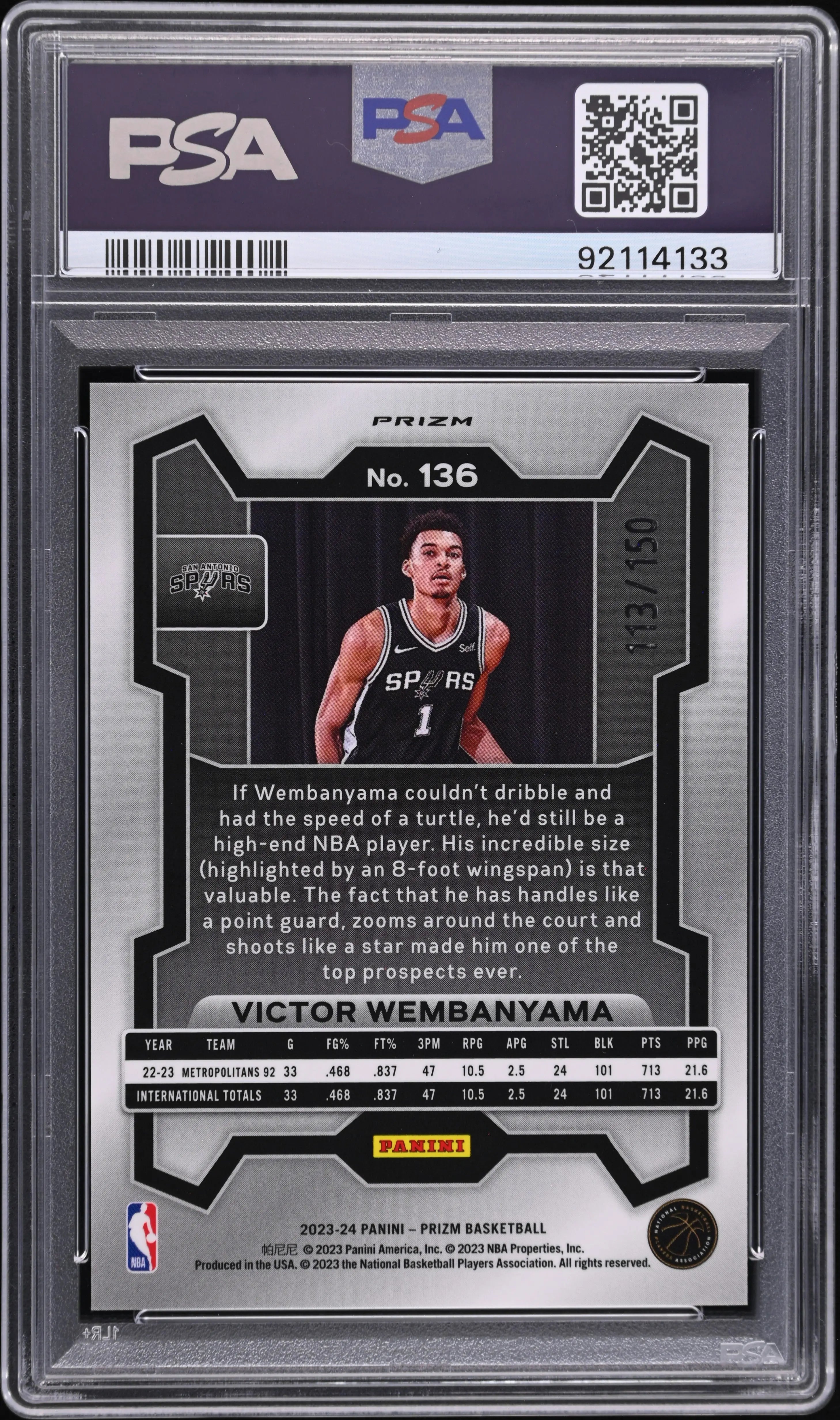 2023-24 Panini Prizm Victor Wembanyama RC Rookie Blue Fast Break PSA 10 /150 