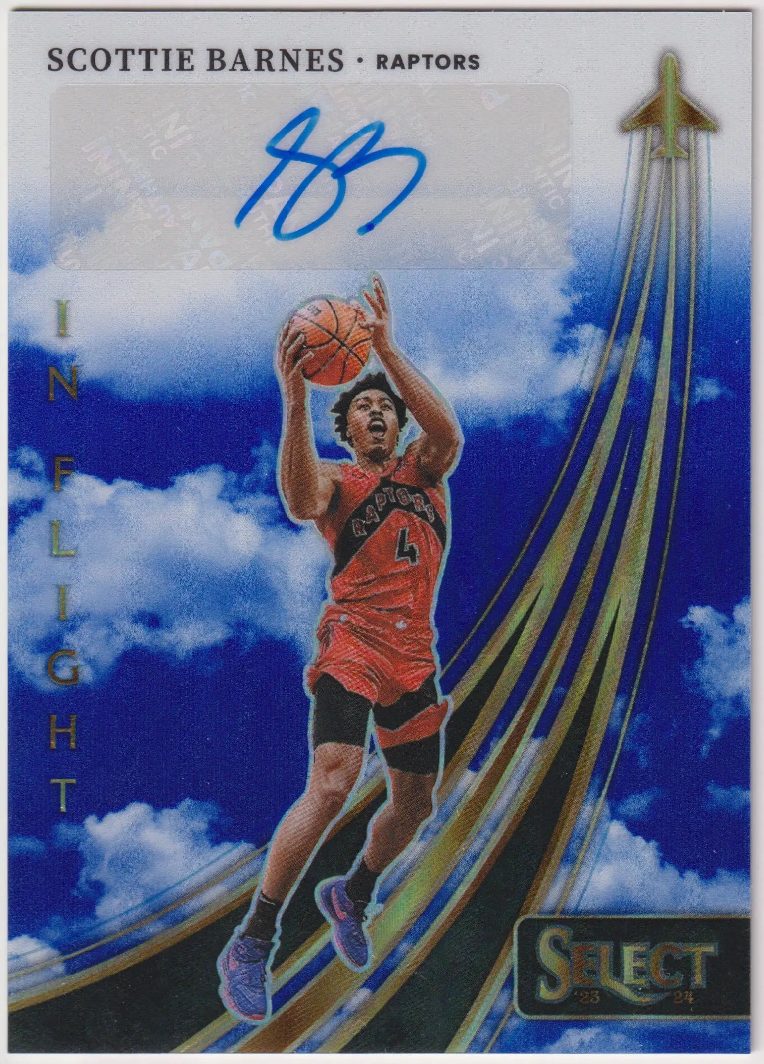 2023-24 Panini Select Autograph Scottie Barnes In Flight Auto Blue Prizm /49 