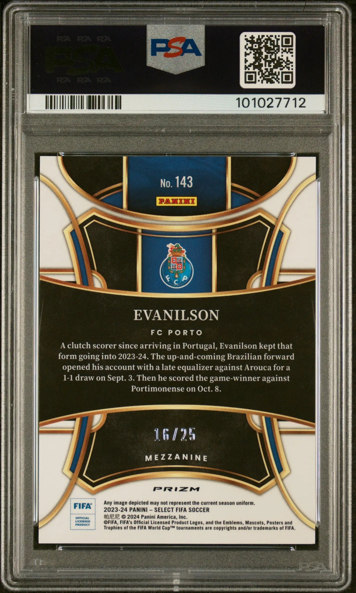 2023-24 Panini Select FIFA Evanilson #143 Zebra PSA 10 /25 