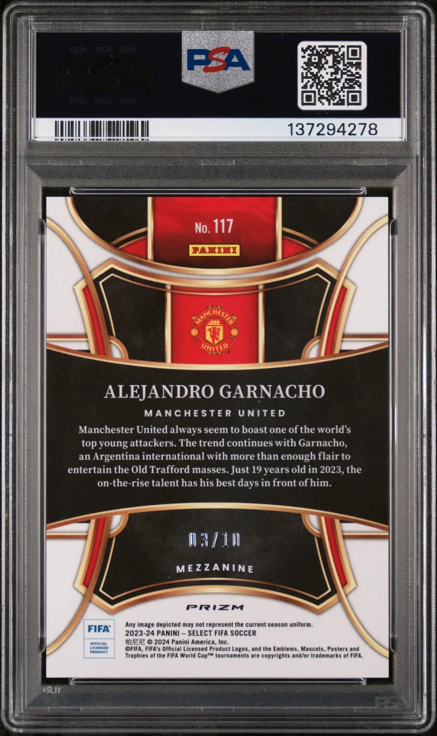 2023-24 Panini Select FIFA Gold Mezzanine Alejandro Garnacho #117 /10 PSA 9 