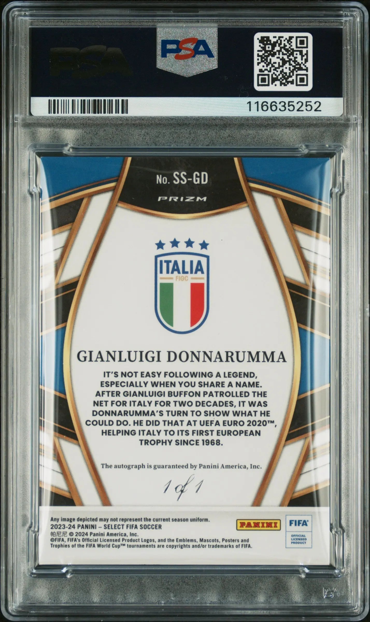 2023-24 Panini Select FIFA Select Signatures Gianluigi Donnarumma /1 PSA9 Auto10 