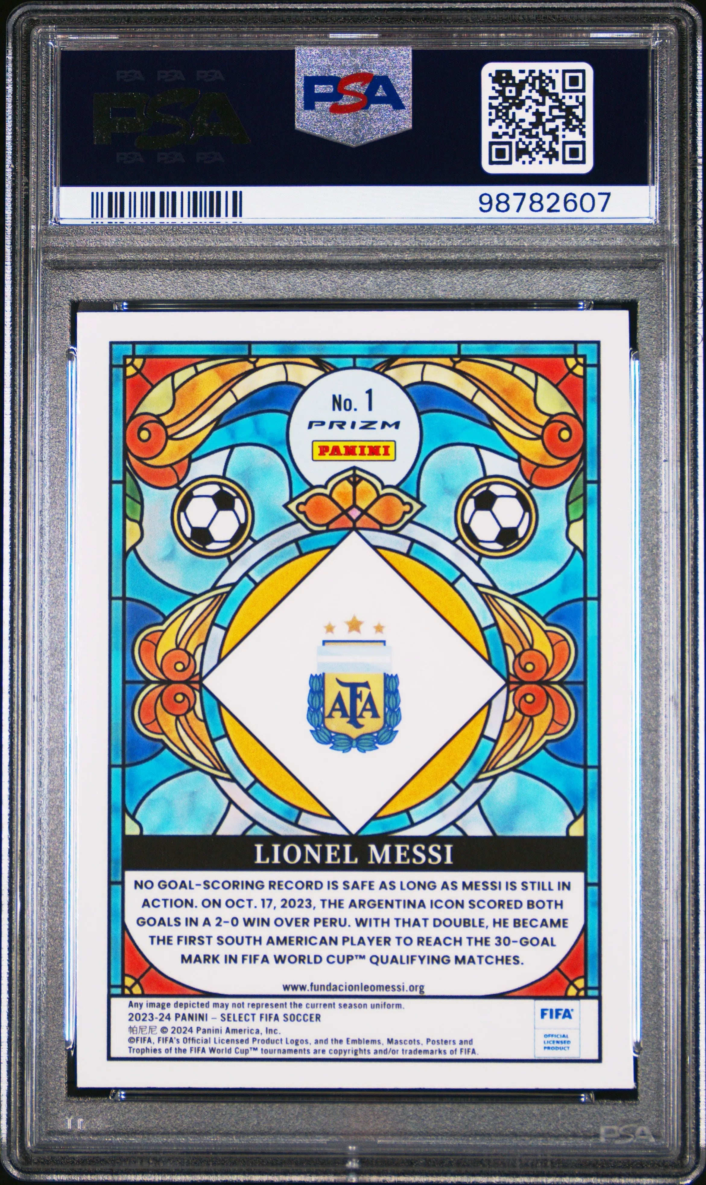 2023-24 Panini Select FIFA Stained Glass Lionel Messi #1 PSA 9 