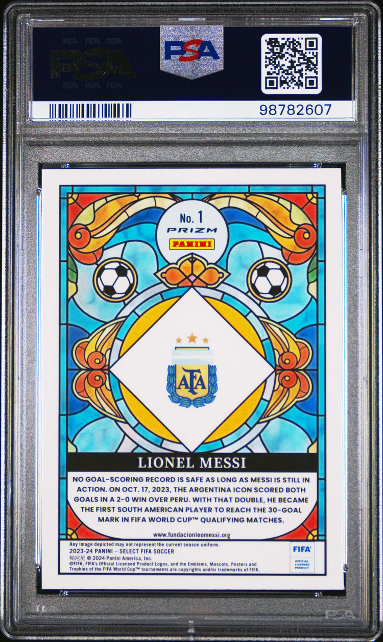 2023-24 Panini Select FIFA Stained Glass Lionel Messi #1 PSA 9 