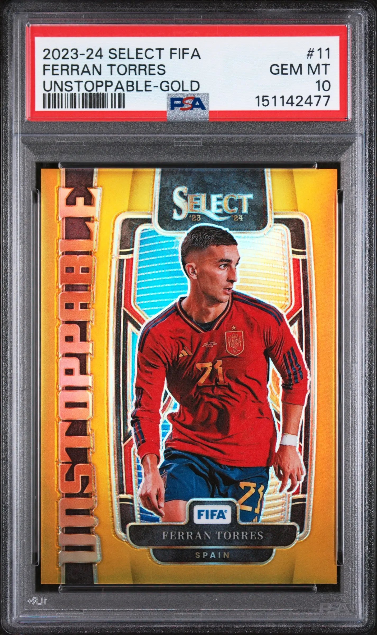 2023-24 Panini Select FIFA Unstoppable Gold Ferran Torres #11 /10 PSA 10 