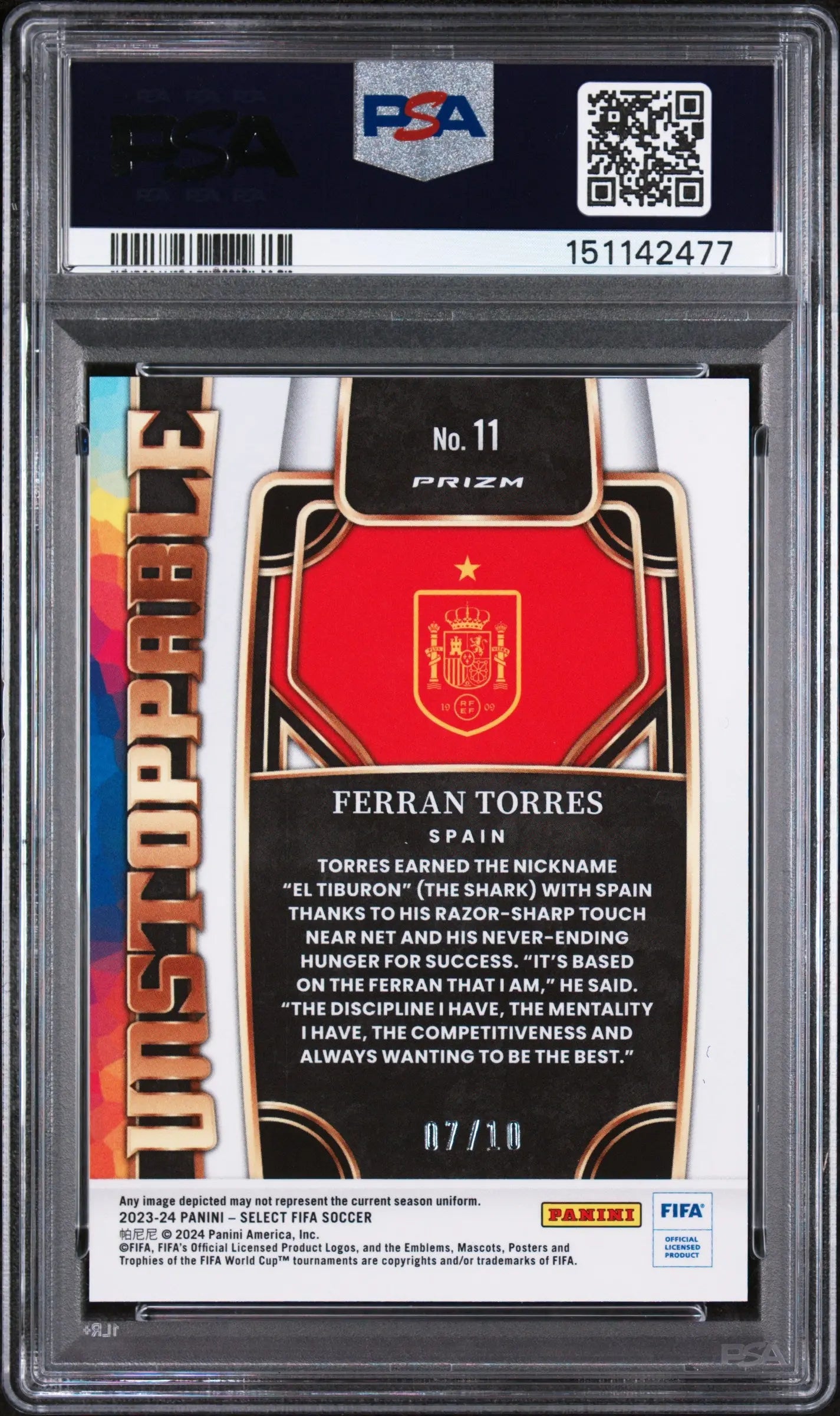 2023-24 Panini Select FIFA Unstoppable Gold Ferran Torres #11 /10 PSA 10 