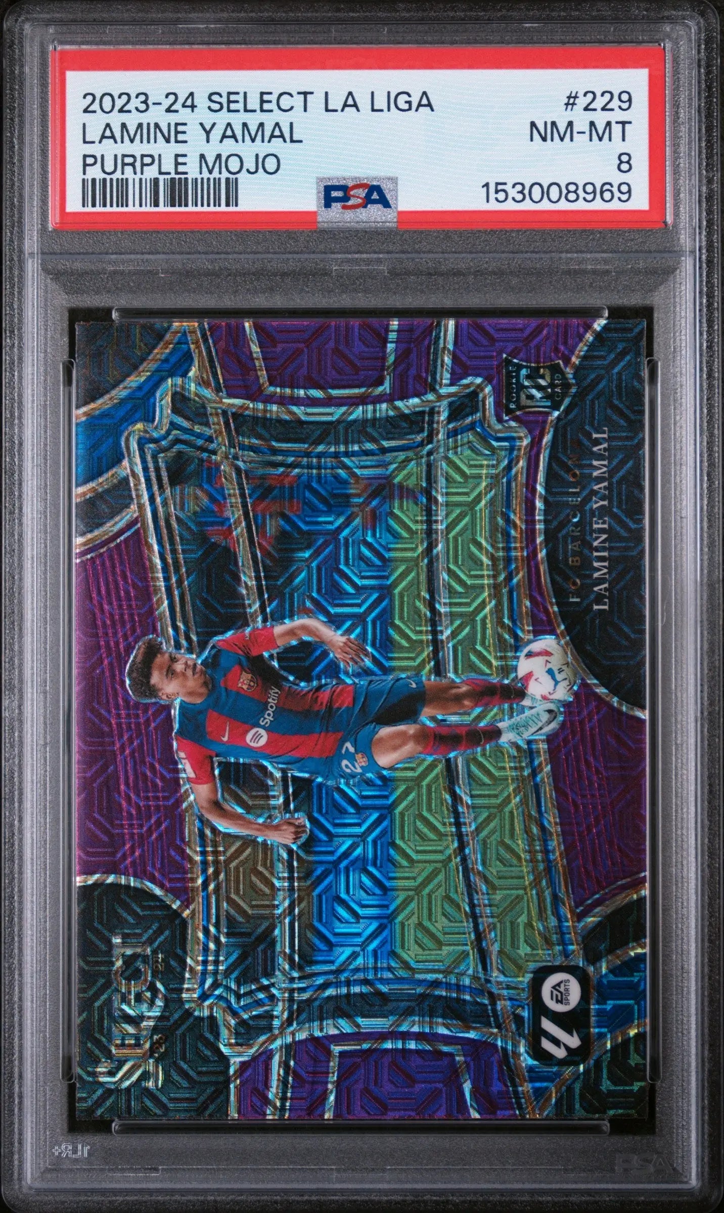2023-24 Panini Select La Liga Rookie Lamine Yamal Purple Mojo RC PSA 8 