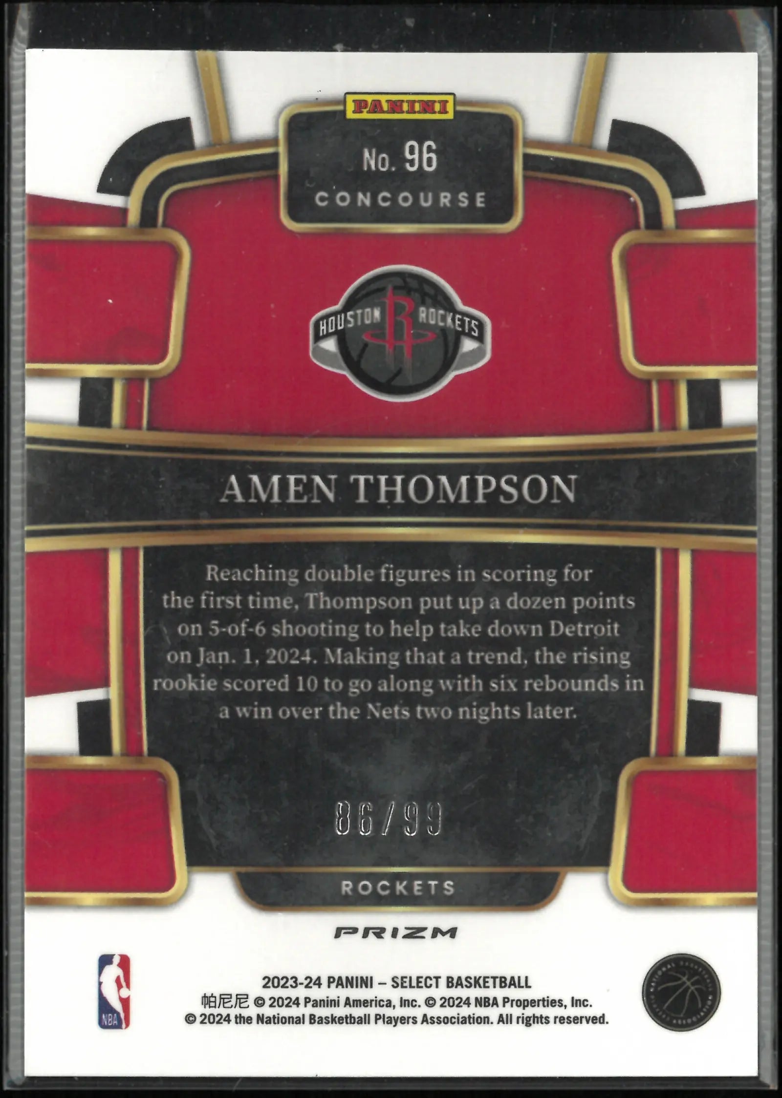 2023-24 Panini Select Prizm Rookie Amen Thompson Blue Fast Break /99 RC 