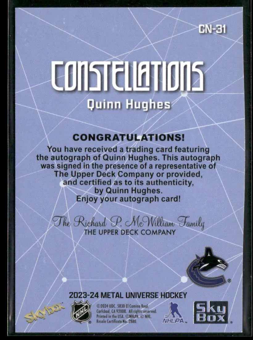 2023-24 Skybox Metal Universe Hockey Constellations Auto Quinn Hughes 