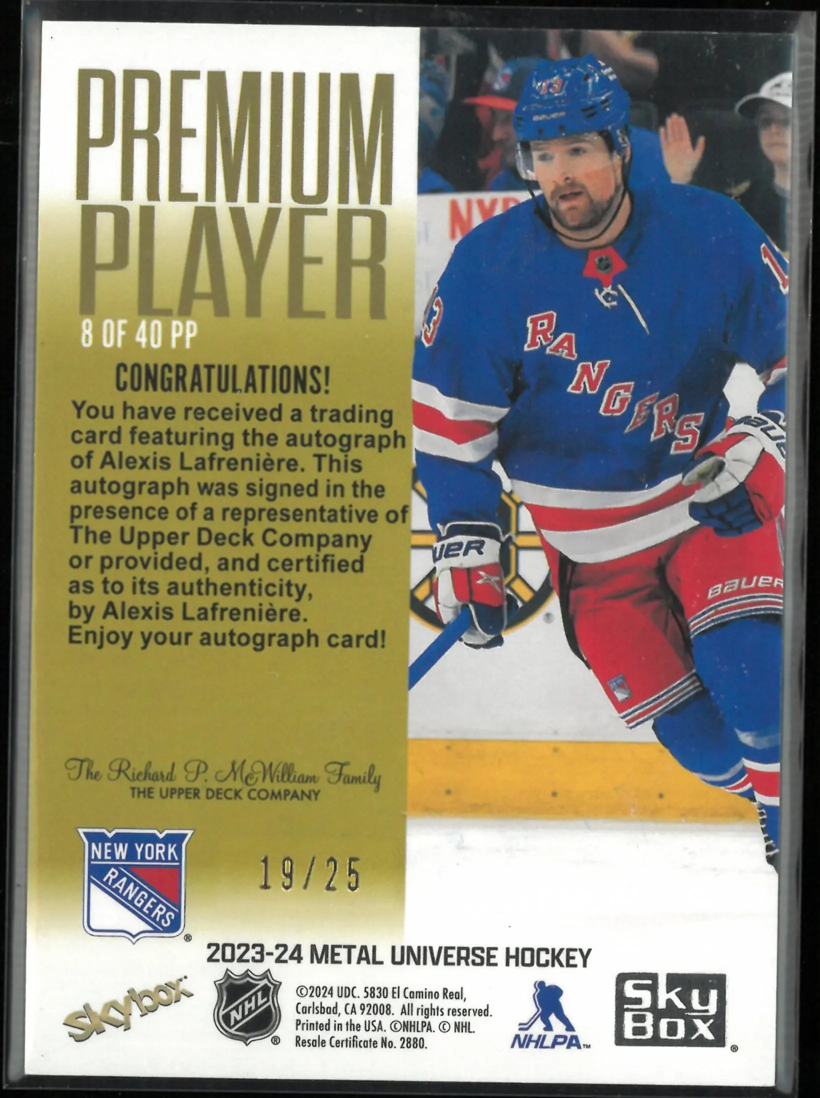 2023-24 Skybox Metal Universe Premium Player Autograph Alexis Lafreniere Auto/25 