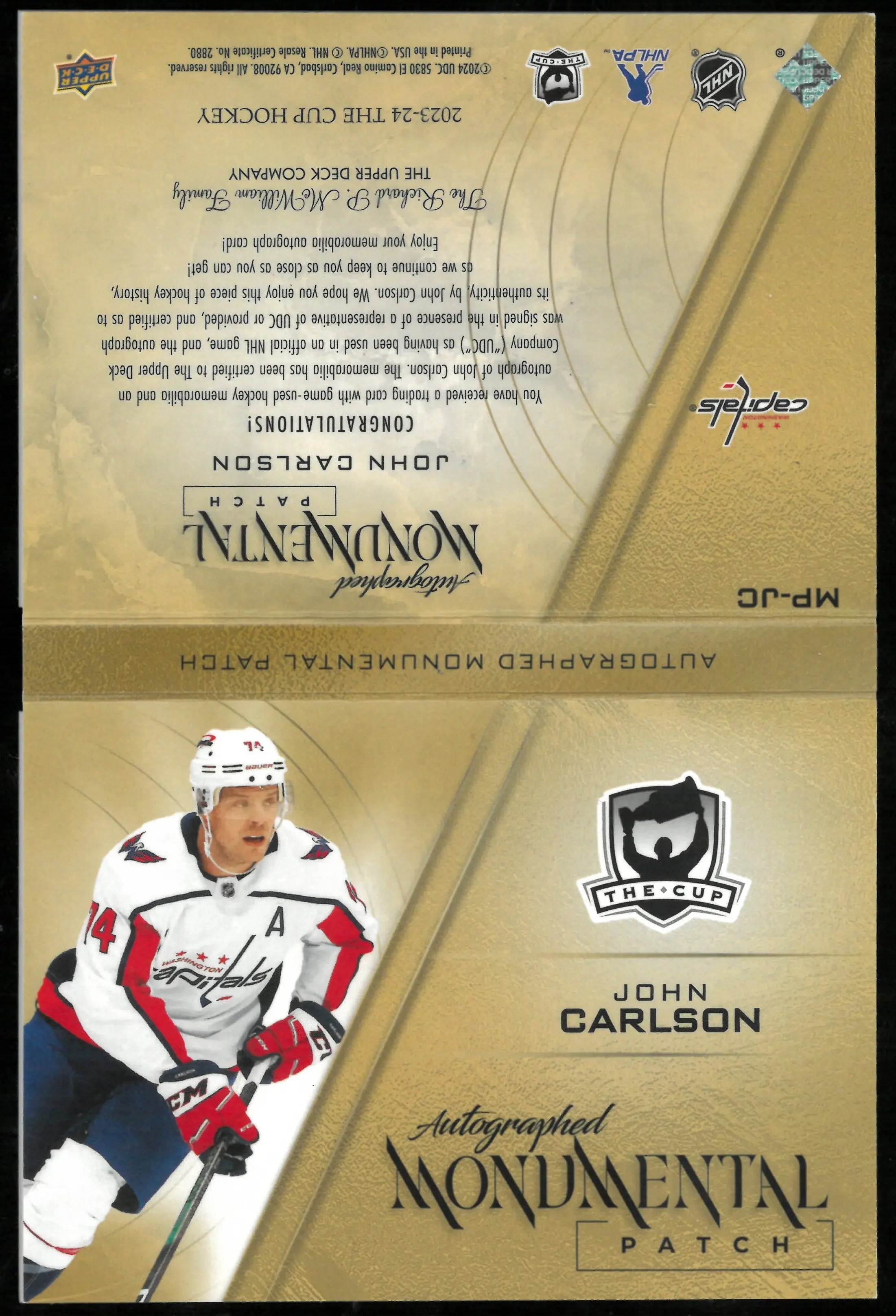 2023-24 The Cup Hockey Autographed Monumental Patch Auto John Carlson 1/1 